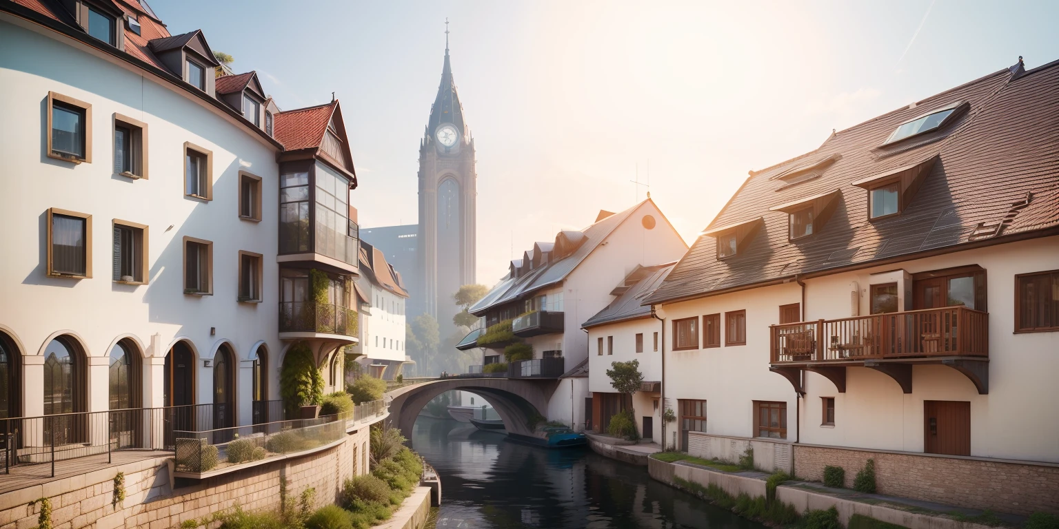 futuristic look, futuristic house facades with lot of glass and big windows, lot of plants and trees, photovoltaic on roofs, sidewalk on river bank, leave church untouched, a futuristic tourist boat in the river