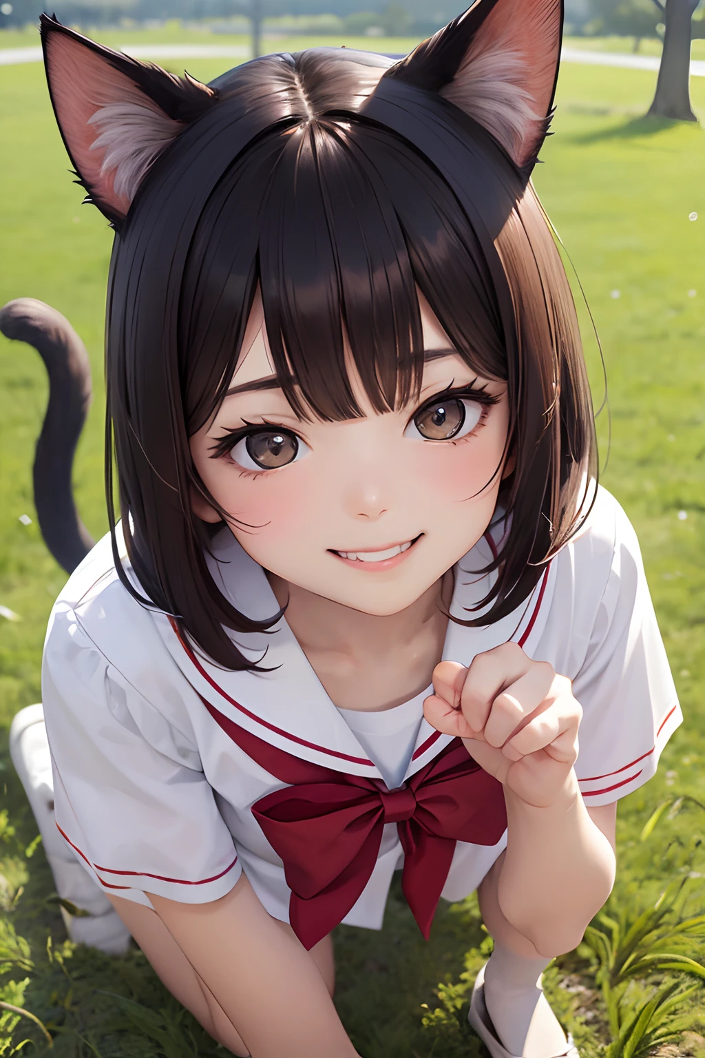 One Cat Girl、Delicate facial features、Sailor shirt、Brown eyes、Toothy smile、Kneel on the grass、Large wide angle、Look away --auto