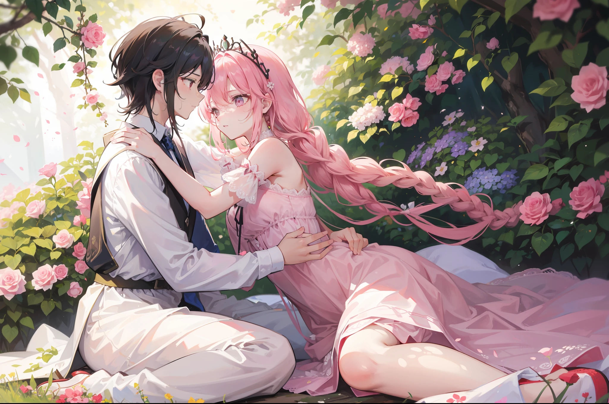 Morning of a sunny day of Spring in a flowery garden, with birds and insects. Pink roses with lady bugs and bees on them on slightly blurred first plane.
Under a whitethorn bush a couple of young man and young woman are laid, they are leaning to each other, both dressing clear colours and conservative clothes. The girl has long dark braids and wears a floral tiara, the boy's hair is messy and shoulders long. Illuminated by natural light.