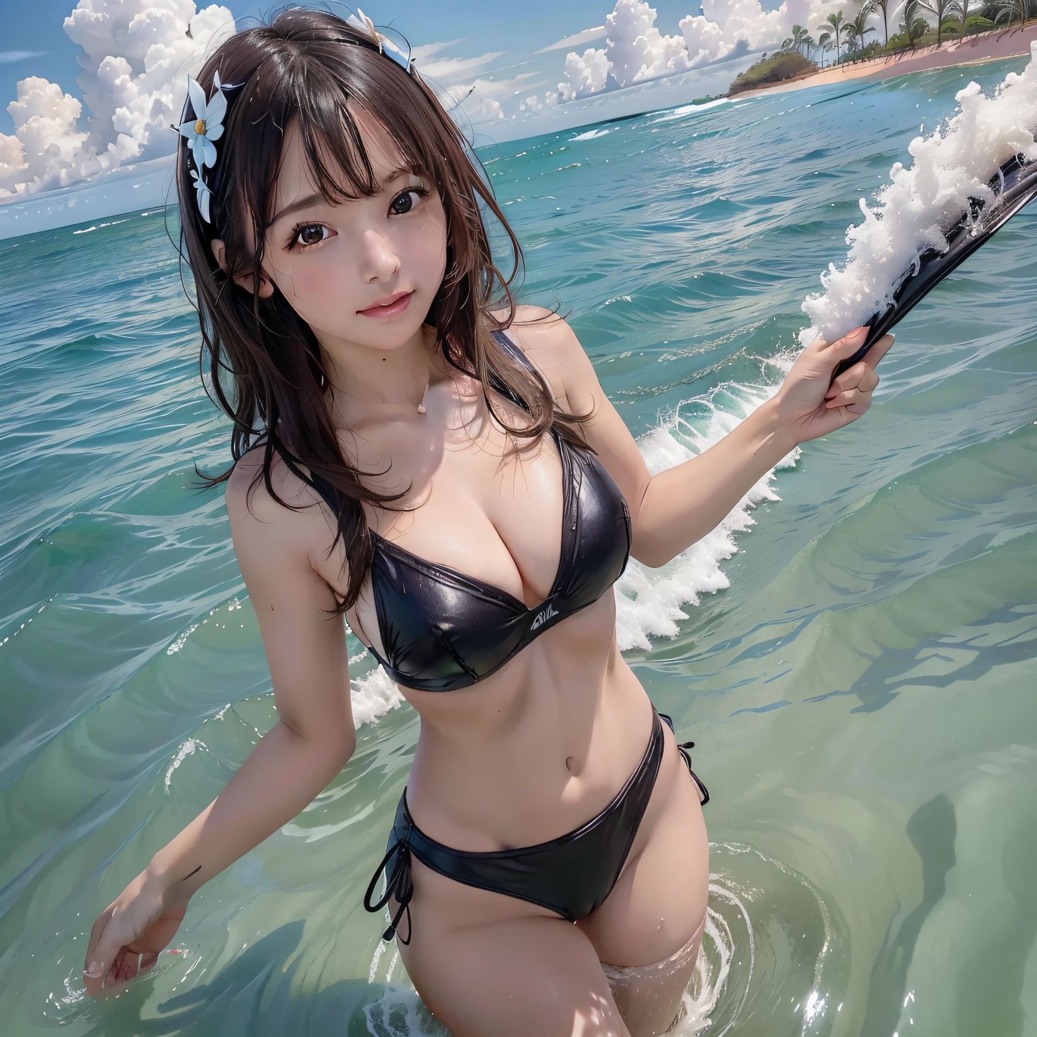melhor qualidade, super detalhado, rosto lindamente detalhado, anatomia completa, 1girl, solo, deep immersion, partial immersion, bolhas, pele brilhante, suor, clouded skies, sbikini, big waves, ilha deserta, pinguin,