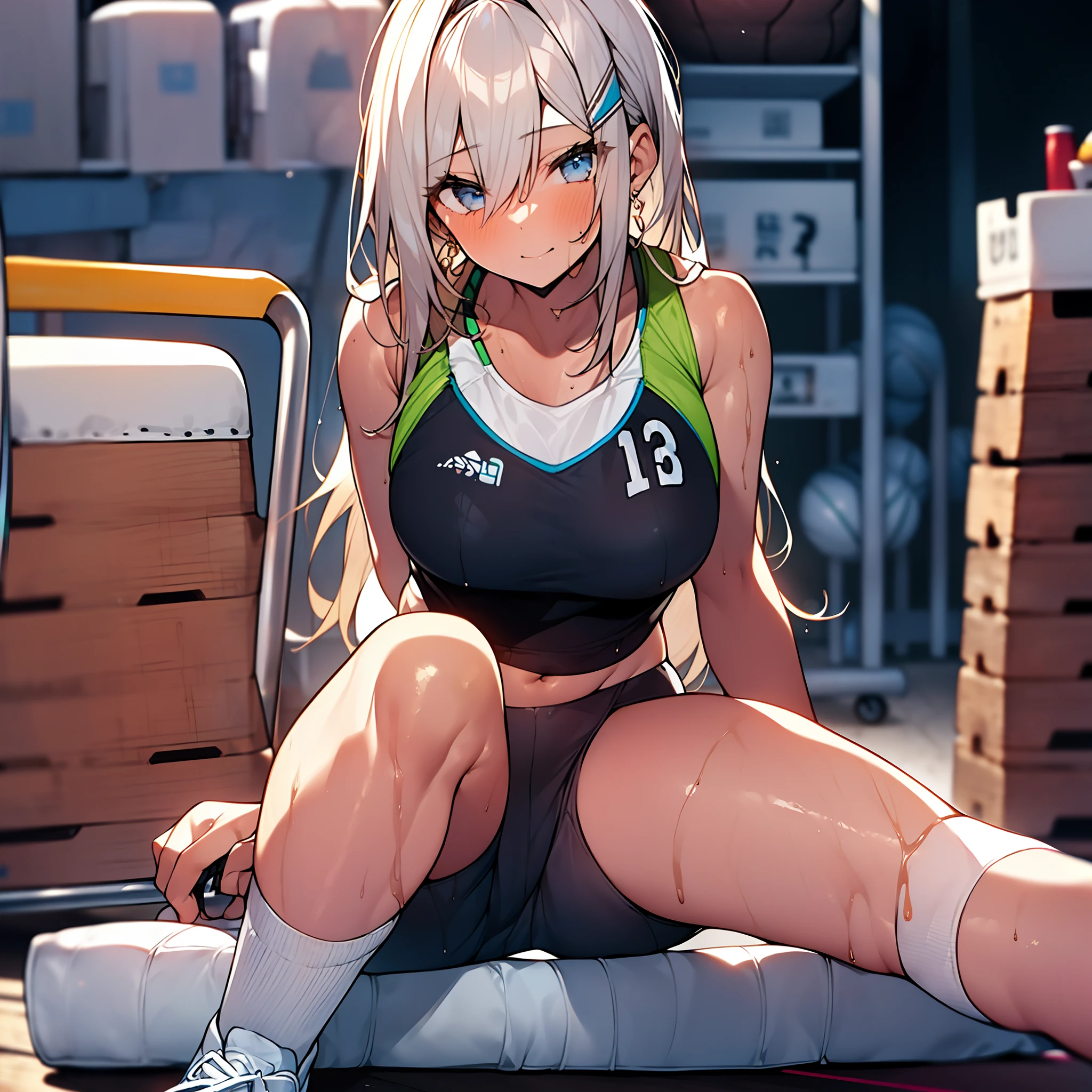 (This is a photo of a female track and field athlete in a sports warehouse:1.3),(Golden ratio:1.2),[(Black background:1.4)::10],(细腻细致), (Intricate details), (Cinematic light, 最优质的背光), 清晰的线条, From below, solo female，perfect bodies，(1girll),neocoill,(Tanned bronzed skin:1.3),An athlete full of healthy beauty,,The girl was sweating profusely,(drenched clothes(Fleshy clothes:1.3)),(in track outfit(Crop topping):1.3),(//Yellowed white cotton socks:1.3)//,Take off your sneakers,(Sitting on a wooden horse in a sports warehouse(/Trojans are fitness equipment for gymnastic sports:1.3/)),gym storeroom,Novel illustration,hyper HD, retinas, Anatomically correct, Textured skin, Super detail, Best quality, A high resolution,8k movie wallpaper,
