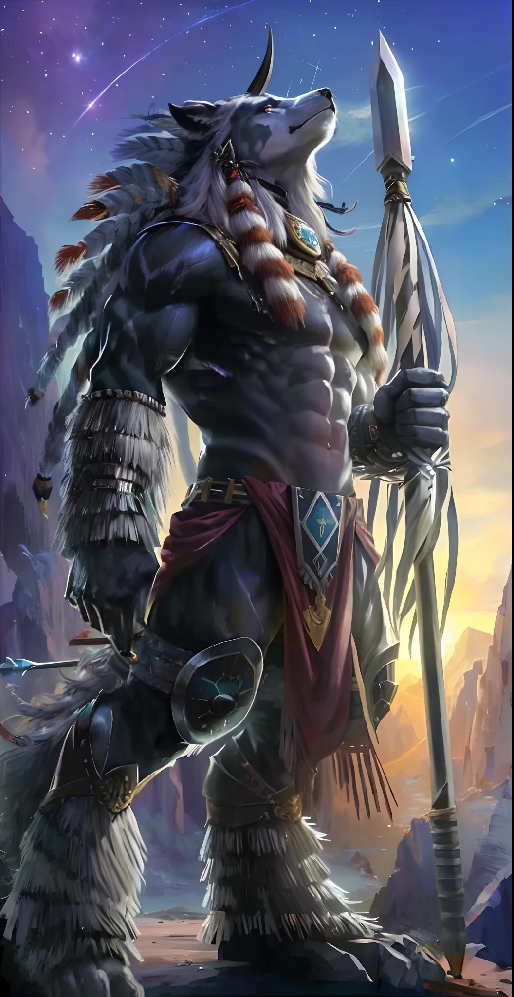 a painting of a man with a spear and a wolf, guerreiro masculino, guerreiro poderoso, warrior spirit, Indian warrior, lion warrior, legendary god holding spear, bison god, imagem de um guerreiro masculino adulto, guerreiro azteca, as a titan, guerreiro antigo, homem guerreiro, Deus masculino bonito da morte, Guerreiro nativo americano, Cavalo Guerreiro, Djinn human hybrid