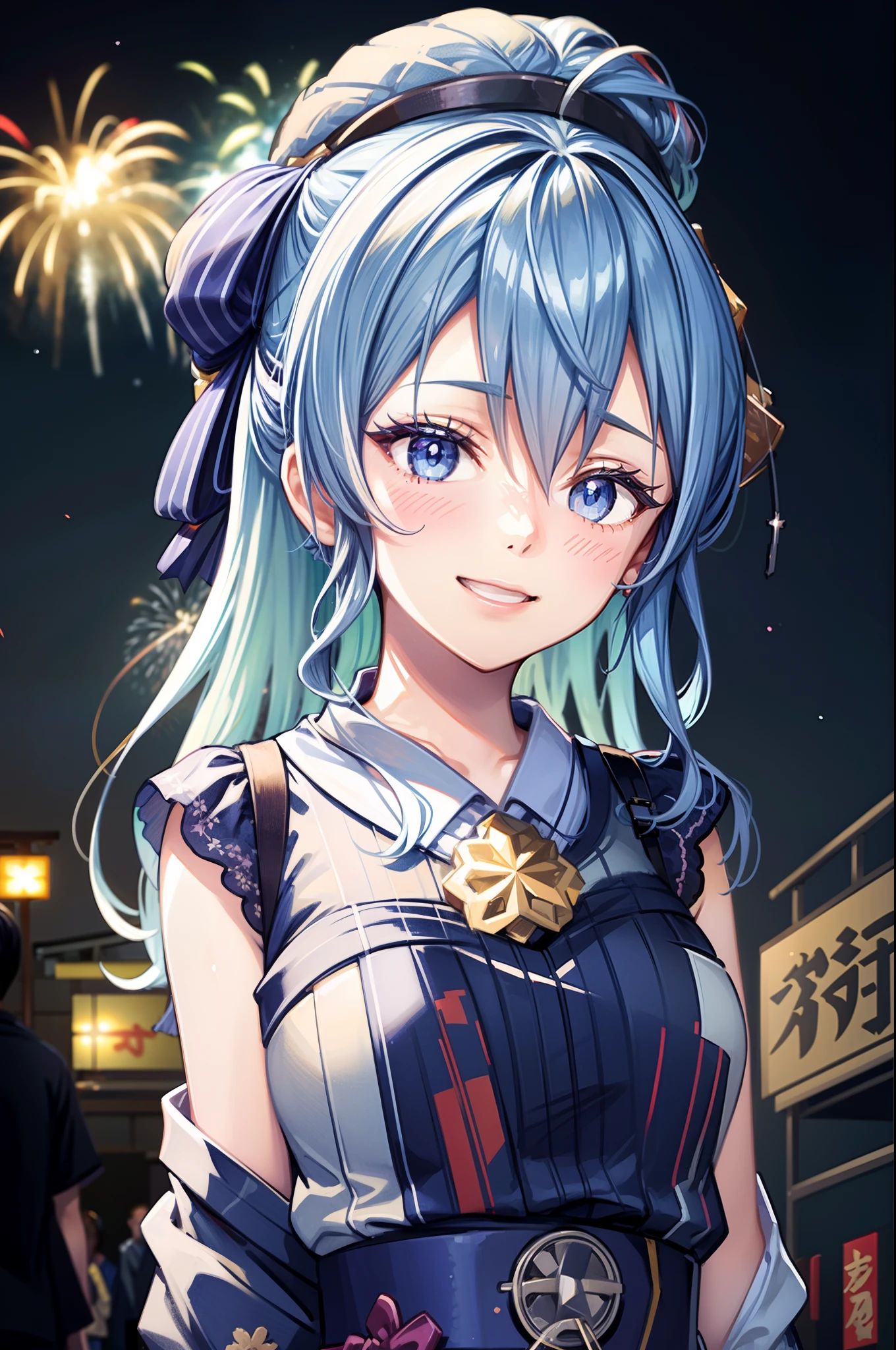 1girl, solo, summer, fireworks, fireworks festival, kyoto, delicate face, look up, blush, grin, blue floral yukata, geta, hand on chest, large breast