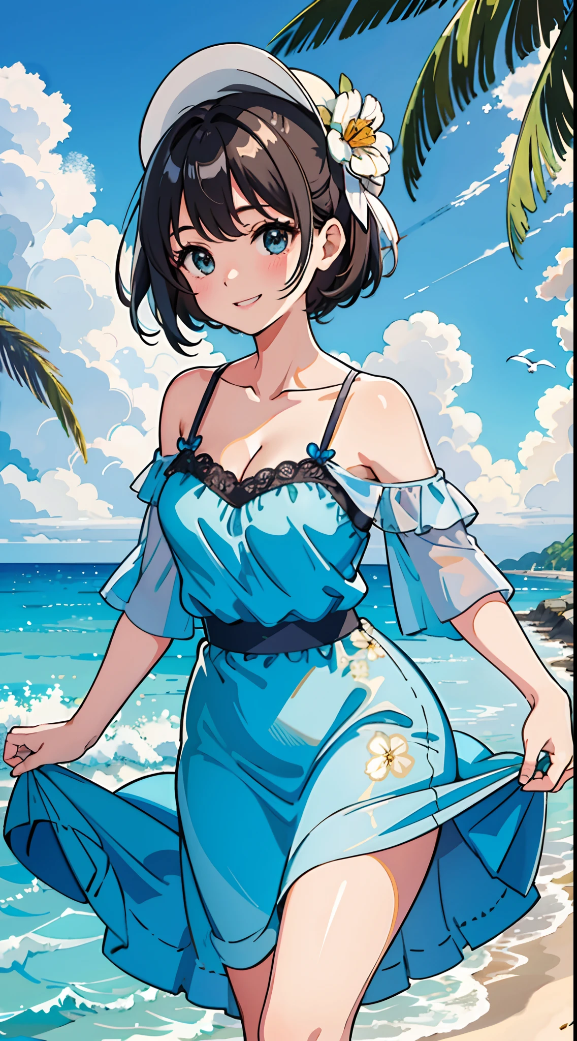 (Best quality, Masterpiece), 1girll, 10years old, Amazing, adolable, A heartwarming smile, Hourglass figure, Floral skirt, the sea,sandbeach,Slip dress,the trees,blue-sky,baiyun,seagulls,cleavage,Off-the-shoulder attire,Raised sexy,Close-up shot