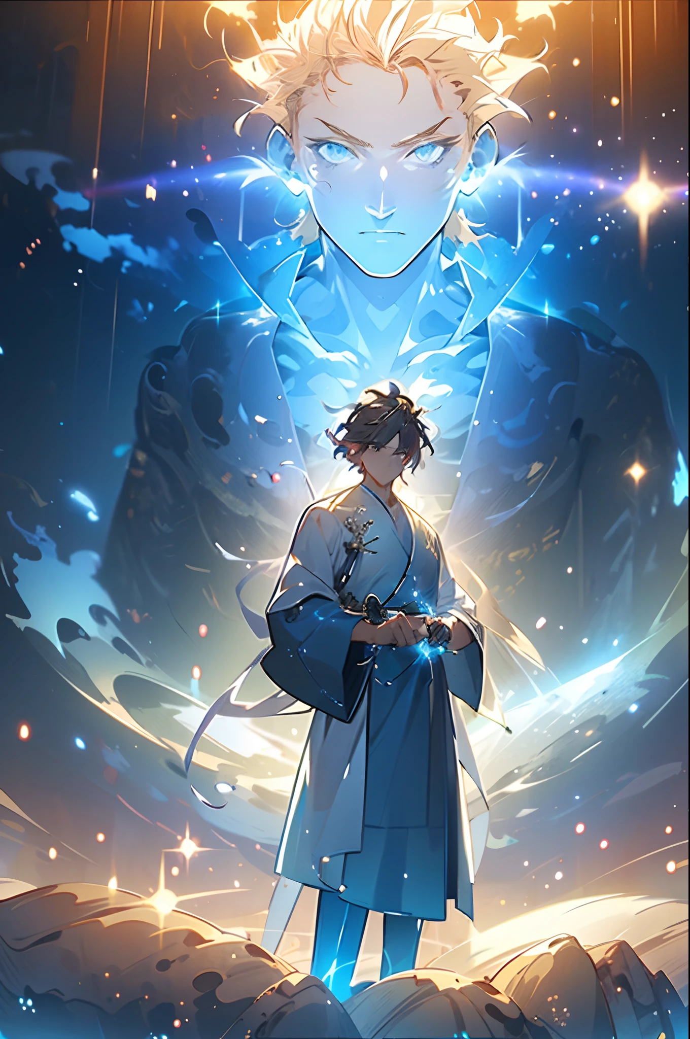 Chinese mythology，5 years old Q version ***********，（Wide robe），（the space），（He stood in front of a giant blue transparent mutant monkey。。。。。。：1.4），（cleanness：1.4），blue colors，Stretch your hands，swords drawn，The background is the South Heavenly Gate，Tyndall effect，Glow effects，Anime art style，Romantic graffiti，Meticulous，Realism is popular， New Fauvist style，Knolling，8K，tmasterpiece，super-fine，best qualtiy，8K，tmasterpiece，Works of masters，Detailed pubic hair，Accurate，Epic shooting，（Simian：1.5）