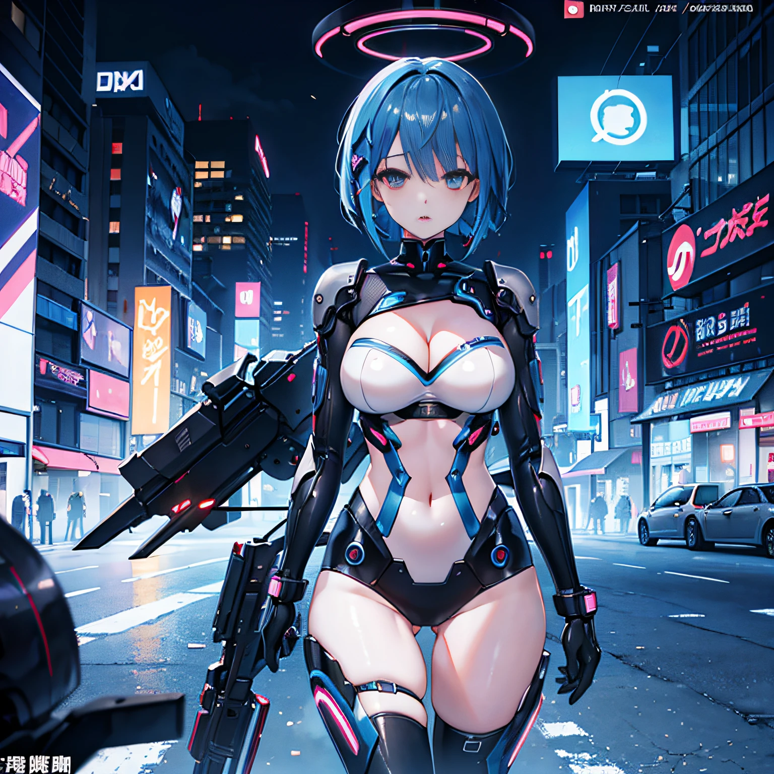 Images of erotic beautiful cyberpunk women,nffsw(HighDynamicRange),Ray traching,PBR Texturing,Anisotropy Filtering,depth of fields、tits out、Cyberpunk、cleavage of the breast、Beautifully shaped breasts、Beautiful raw boob shapes、Blue Mechanical Suit、Near Future Cyber Suit、Blue Cyber Suit、Blue erotic costume、highleg、Night Cyber City、Cyber City、Thin leg、Raw feet、Skin revealing、Riding a robot、Blue-haired、Blue hair short bob、Open your mouth slightly、run