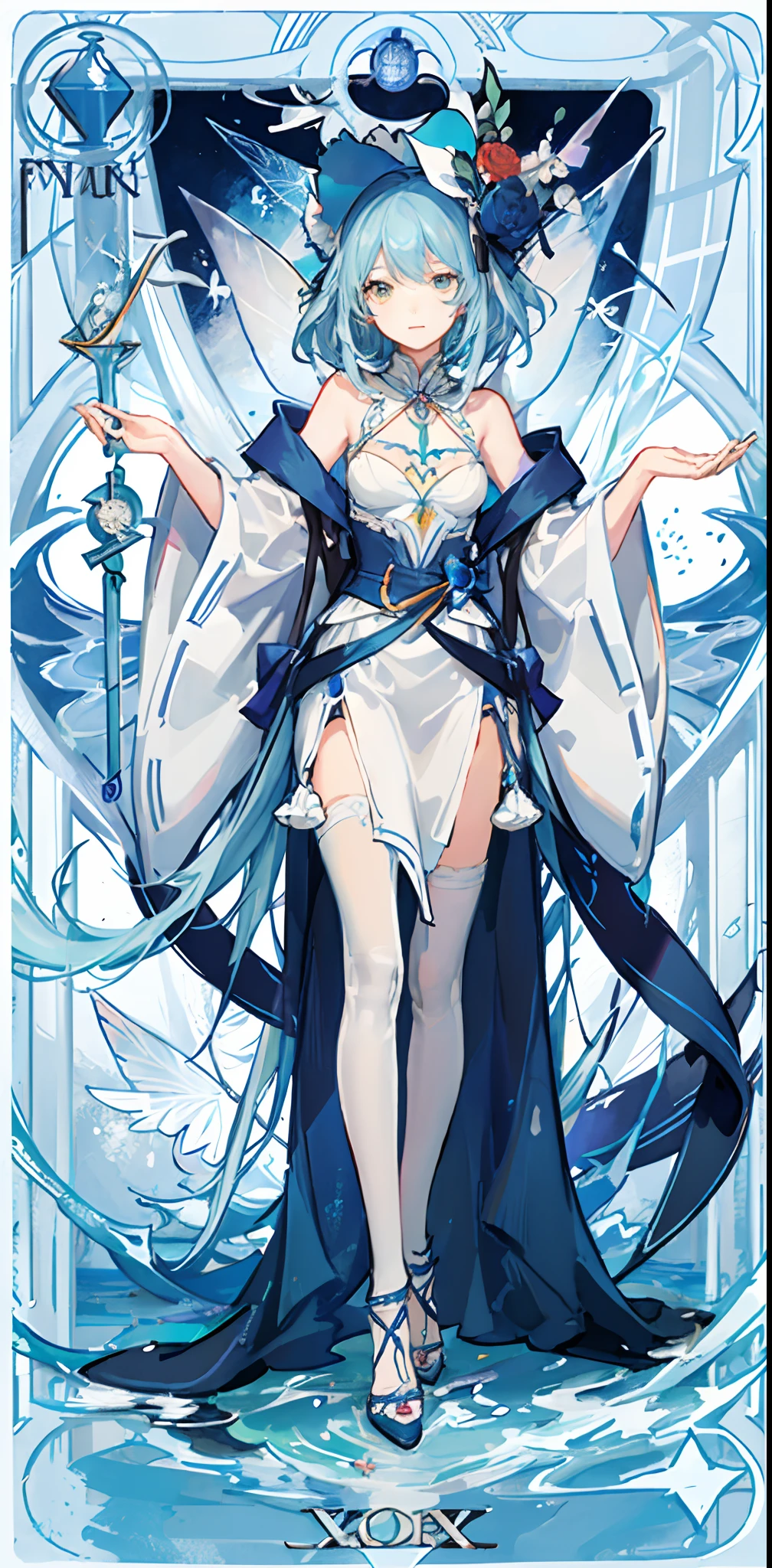 (Golden Ratio:1.2),(rose graffiti:1.2),(fault color:1.3),[(white background:1.4)::10], (full body:1.2),(ultra-detailed:1.3),(tarot:1.6),(the magician (tarot):1.6),

(paper:1.2),(fairy:1.6),(fairy wings:1.2),full body, standing in the air,(cool:1.2),(red long hair),(butterfly hair ornaments),(flower hair ornaments:1.0),((sandal,Locket)),(colorful cocktail long dress:1.0)+(Loose sleeves coat :1.3)+(floting colorful tassel and ribbon :1.2),(White stockings:1.2),

(colorful ink paper flower grow on the face:1.2),(colorful flower sea:1.3),

(chaotic geometric images:1.3),(nagative space:0.8),(drawing board:1.3),

(ether colorful ink flowing:1.3)