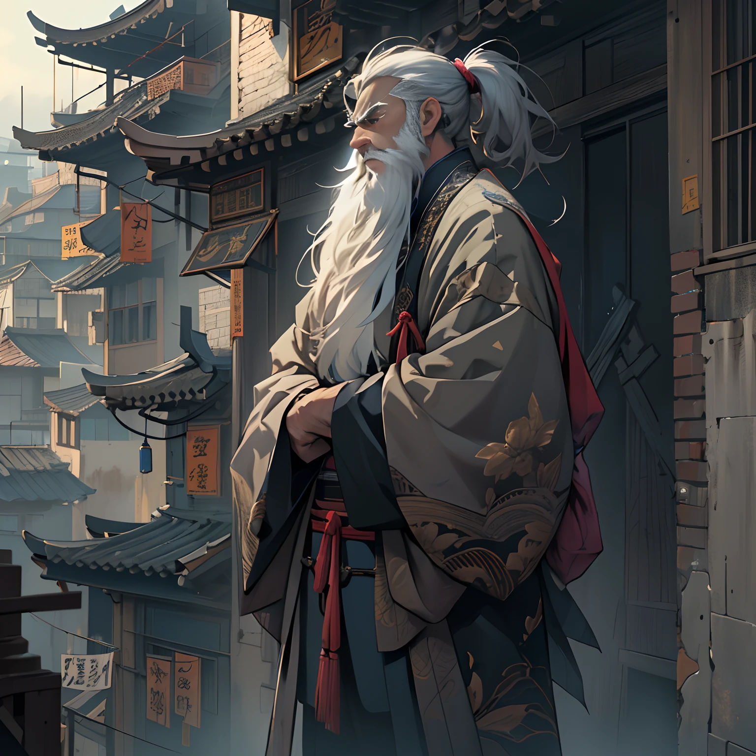 A wise old Taoist stood on the top of a tall building in the city, gazing at the distant sky. His brow furrowed with worry, and his eyes revealed a hint of concern. Surrounding him were towering buildings and bustling streets, as if emphasizing his loneliness and anxiety.