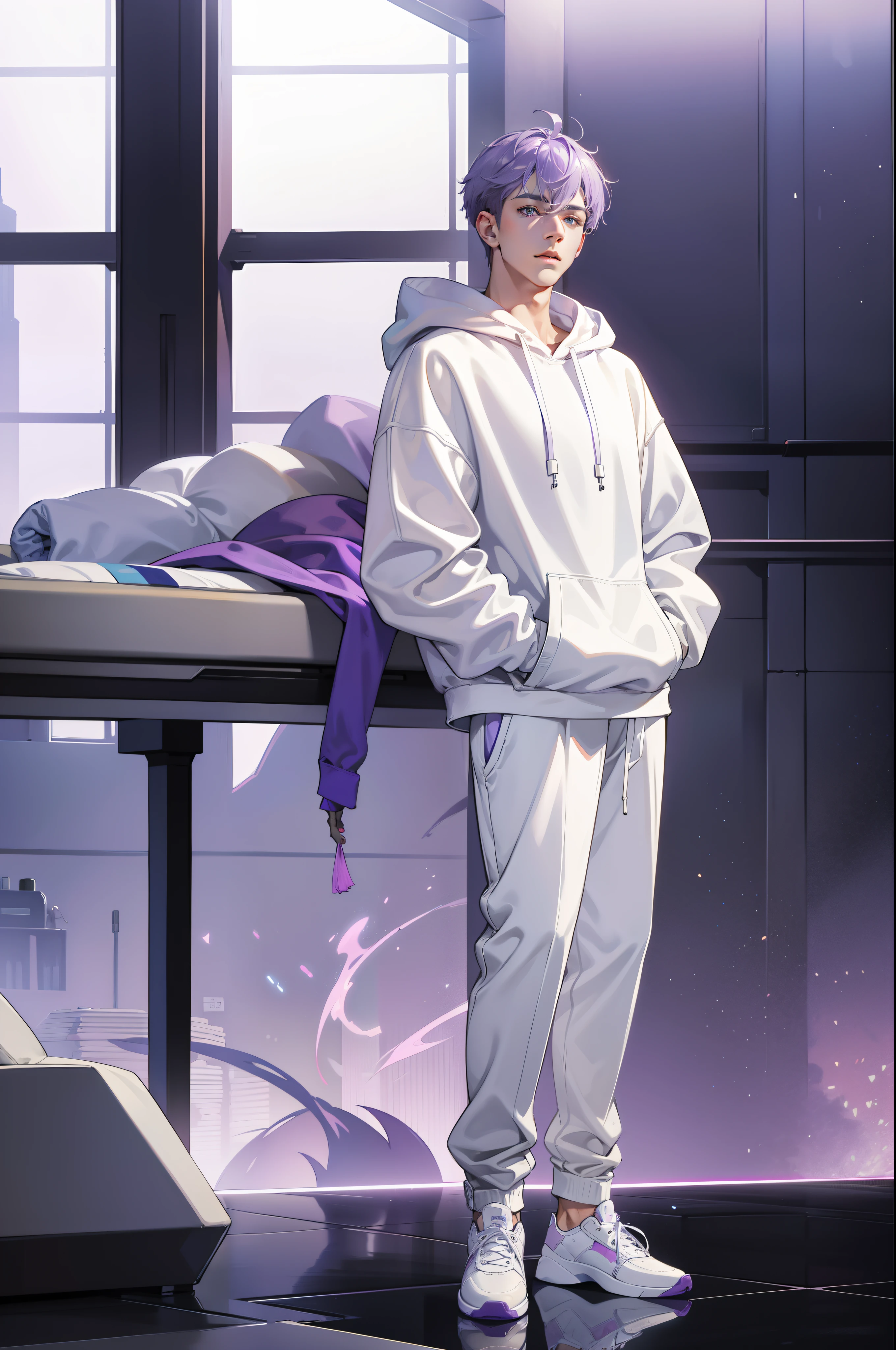 1boy,mature,lilac purple hair,Warm man,white apparel,leisure wear,Hoodies,standing on your feet,full bodyesbian,tmasterpiece,high qulity,4K