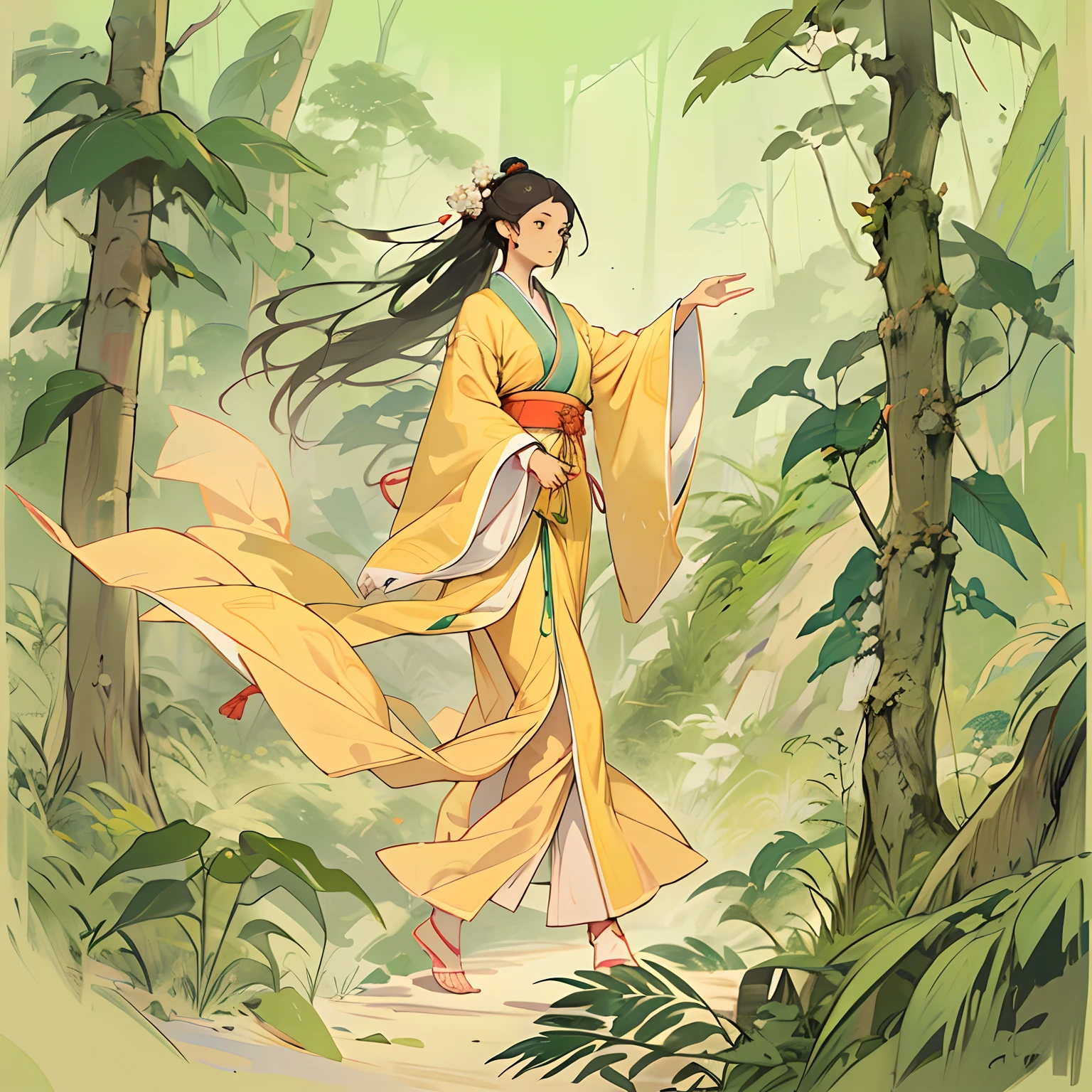 A petite figure of a woman shuttles through the dense forest, dressed in a light yellow Daoist robe. She moves her body gracefully, her long hair casually tied up with a wooden hairpin, swaying in the air with the wind.