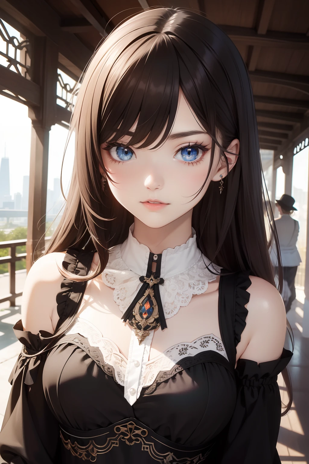 (tmasterpiece,best qualtiy,ultra - detailed,best shadow),(detailedbackground,The upper part of the body,城市,chicago,pedestrian walkway,Doe eye expression,face to the viewer,looking at viewert),(详细的脸,masculine features,nerds),hight contrast,(best illuminate),((cinematric light)),extremely colorful,hyper-detailing,Dramatic light,Complicated details,(1girll,独奏,Young person,brown hair,eBlue eyes,Medium hair,messy hair,shrugged shoulders\(The clothes ar\),slim,white dresses,1920s)