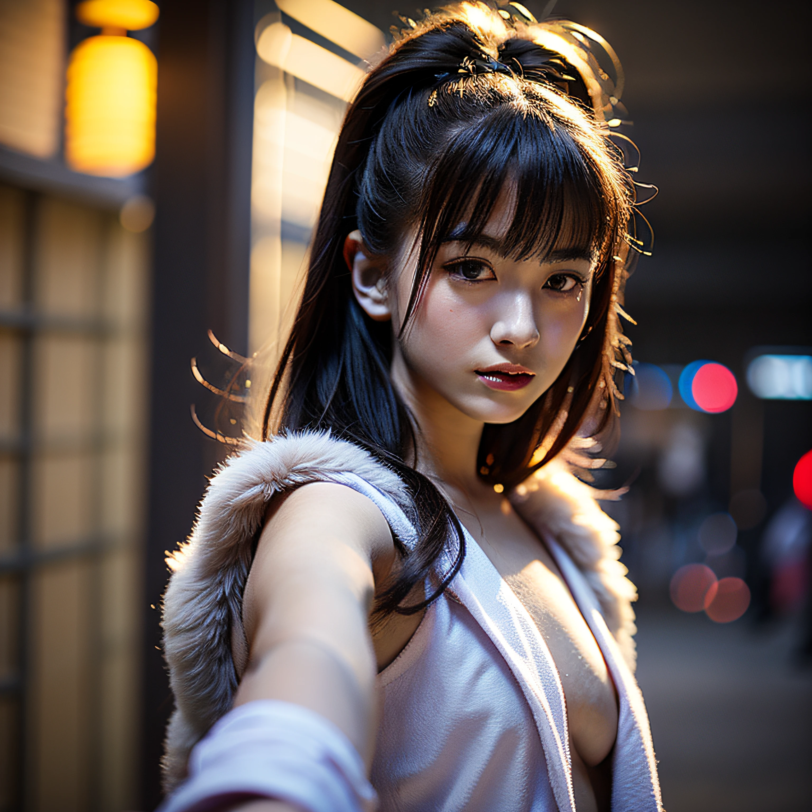 Installed indoors, Young Japan woman in thin summer clothes in front of film set, Small tits, No makeup, No makeup, Suppin, Chroma key shooting, Photography equipment, Instagram Post A Photo of A Japanese ager girl wear light with pale skin stands atop Tokyo highly roof on top, gazing upon a city silenced and darkened by a blackout city, with a star-filled night sky providing the dark city, in nothing illumination. he full-body portrait is photorealistic and sharply focused, showcasing a vintage aesthetic akin to an Instagram filter. The professional lighting highlights her glossy skin and the high-quality rendering, Best Quality, Realistic, Photorealistic, Best Quality, Masterpiece, Very Delicate and Beautiful, Very Detailed, (selfie:1.2), Fine Detail, Ultra Detail, High Resolution, Very Detailed, Real, Ultra High Definition, Best Quality, Ultra High Definition, (Realistic:1.4), High Quality Textures