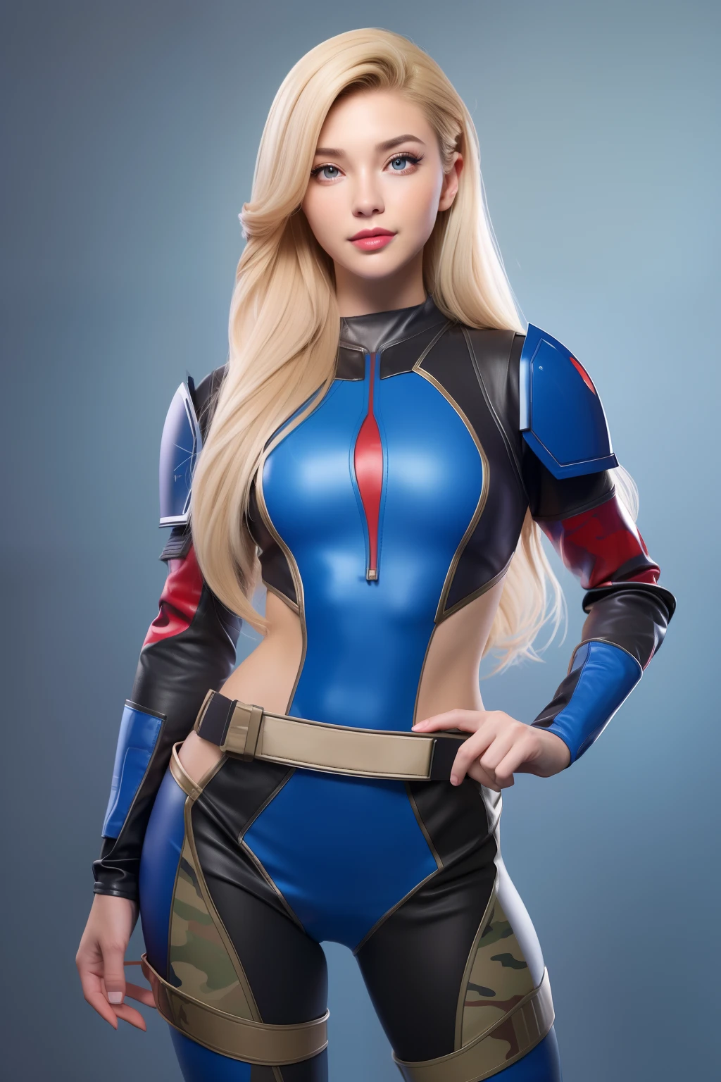 Beautiful Face Woman、a blond、Blue camouflage pattern background、 Beautuful Women、18year old、prety woman、hyper realistic photography、High-definition photos、red lipsticks、Mandalorian style miniskirt suit in metal armor、The skin is not very exposed、Do not cut your head off the screen、camo、Facing the front