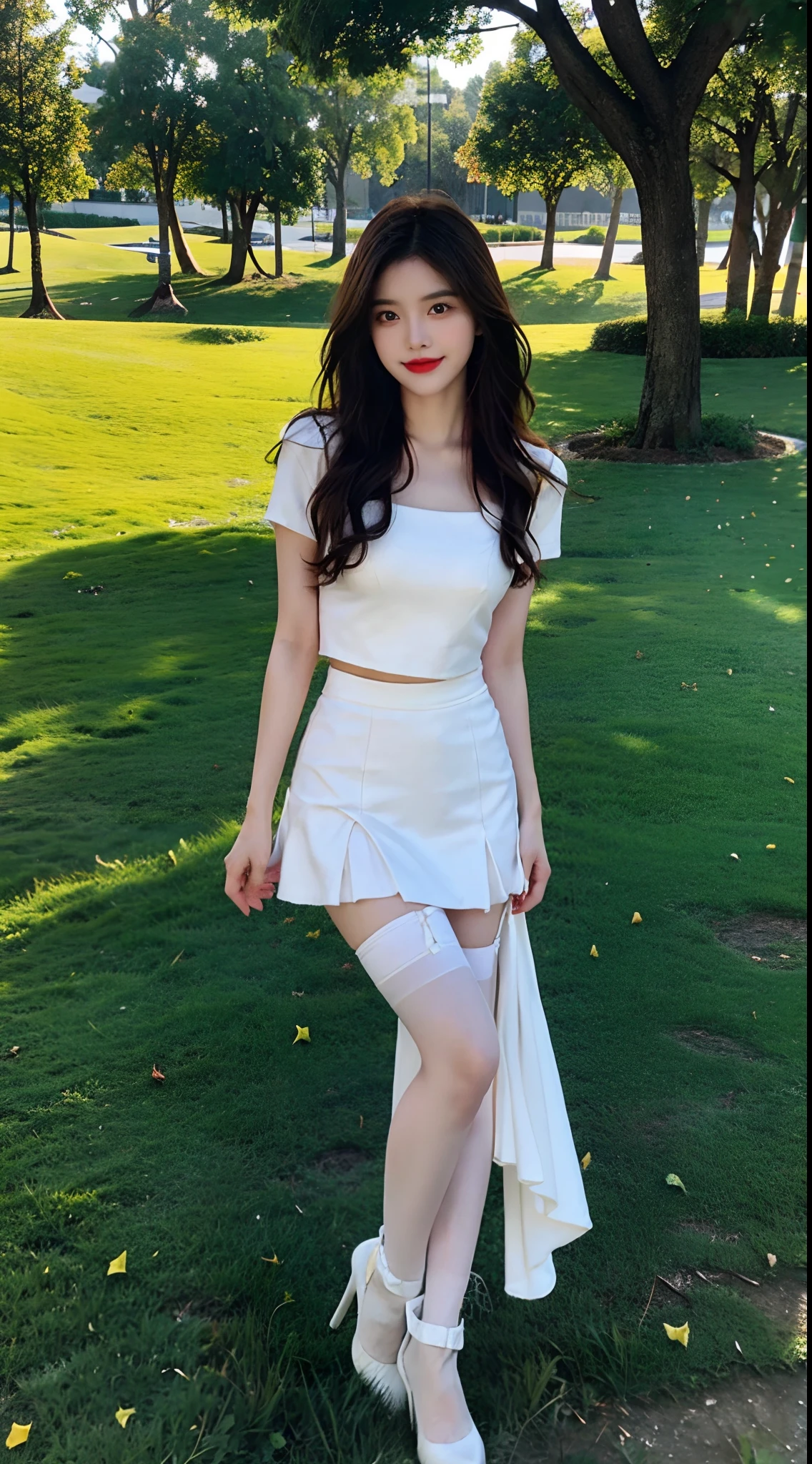 tmasterpiece， best qualtiy，1girll，Star face，Long legs，ssmile, fully body photo，Fair and smooth skin, The eyes are bright and alert,Semi-curved eyebrows, Swallow red lip gloss, short and wavy hair，（shift dresses，Gauze skirt，The clothes are fluttering，White sexy stockings，high-heels，standing on your feet: 1.2），Big chest，parks，grassy fields