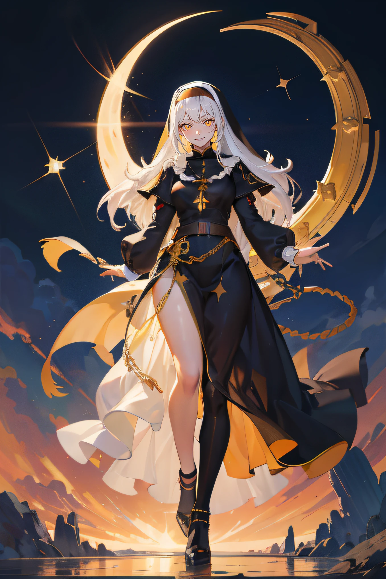 mole under eye, glowing eyes, yellow eyes, pupils sparkling, pensive, excited, fang, smile