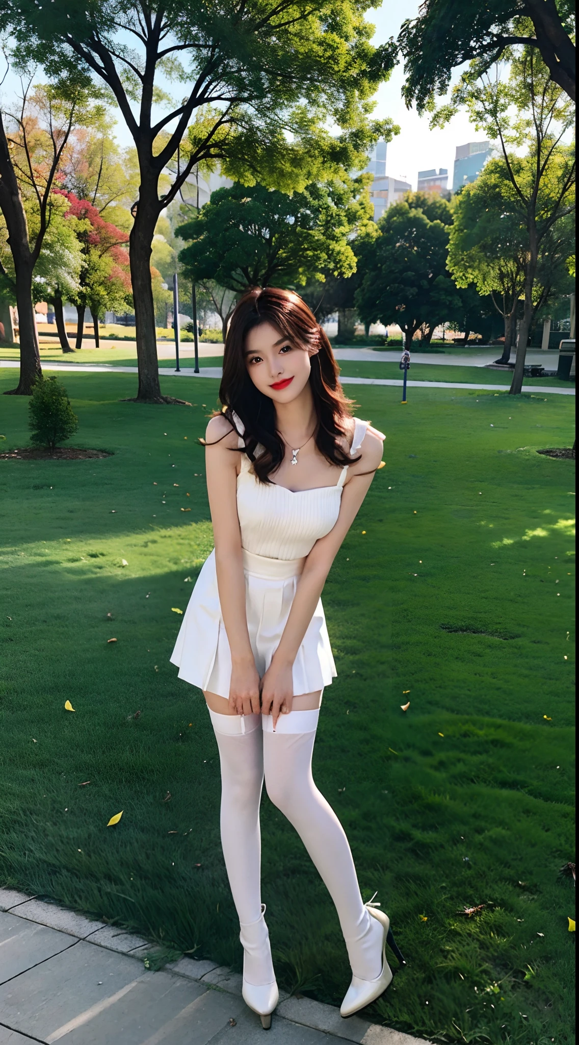 tmasterpiece, best qualtiy,1girll,Star face,Long legs,ssmile, fully body photo,Fair and smooth skin, The eyes are bright and alert,Semi-curved eyebrows, Swallow red lip gloss, short and wavy hair,(shift dresses,Gauze skirt,The clothes are fluttering,White sexy stockings,high-heels,standing on your feet: 1.2),Big chest,parks,grassy fields