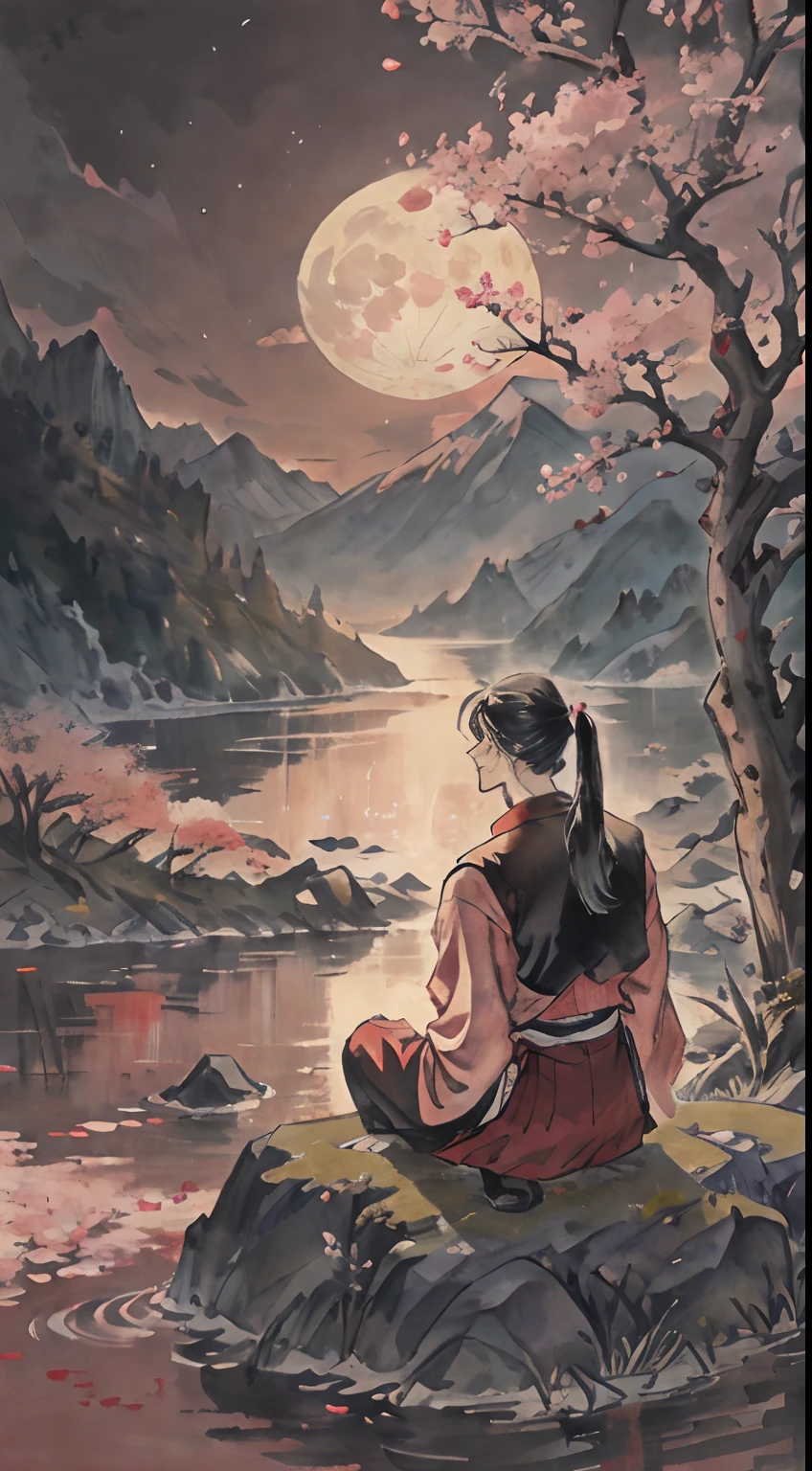A young slender samurai man sits in the grass on a stone near the water and looks into the distance, He has long hair tied in a ponytail at the back of his head, smile face, Around it is a typical Japanese landscape: cherry blossoms, three-story pagodas, etc..D., The Moon Shone, In the background of the mountain