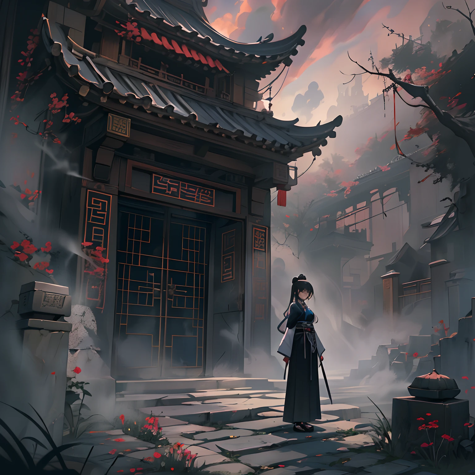 A young female Taoist stood in front of an ancient gate, behind which emanated a chilling black smoke, her face wearing a solemn expression. The surroundings were dim and filled with a mysterious aura.