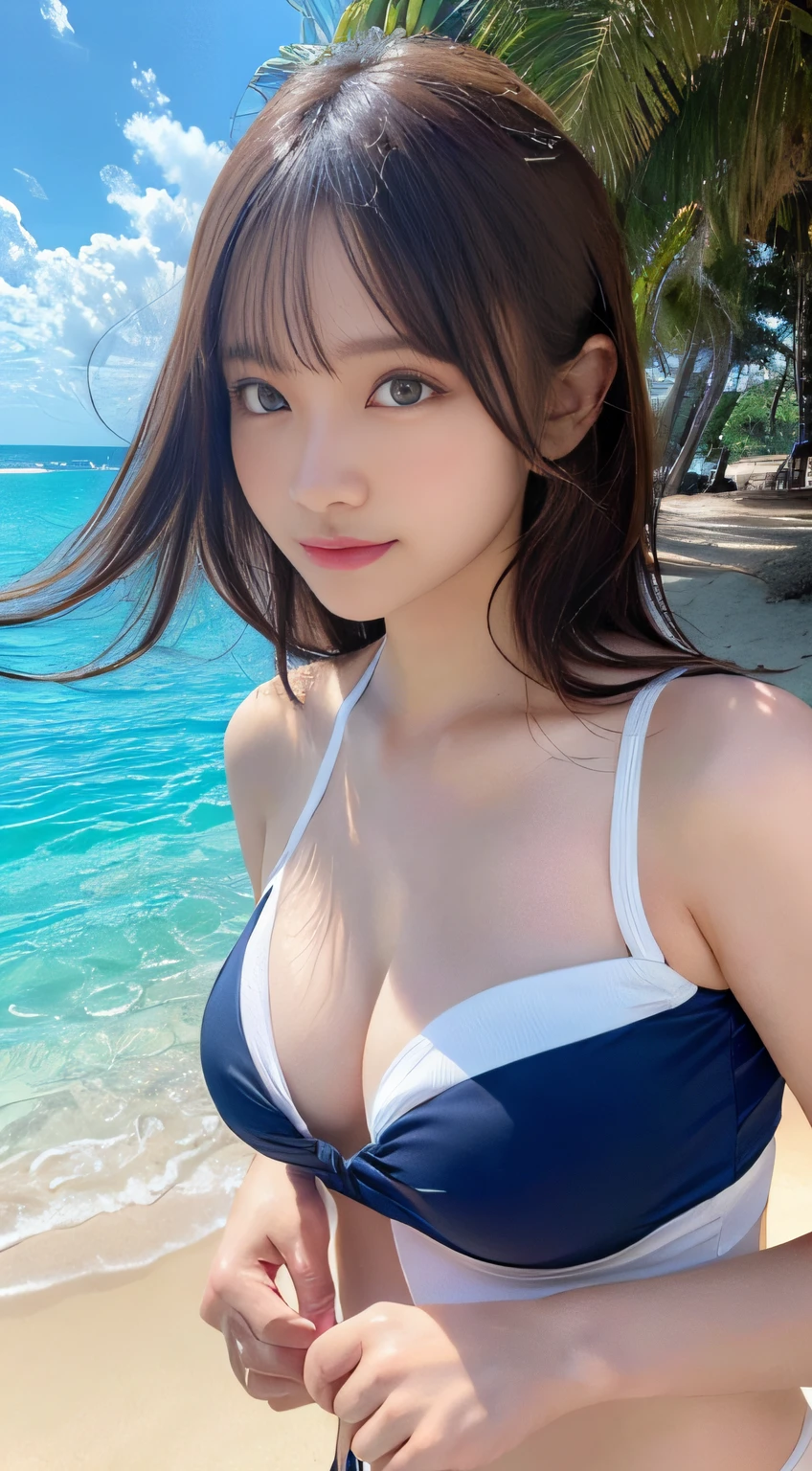 NSFW, masutepiece, Best Quality, Illustration, Ultra-detailed, finely detail, hight resolution, 8K Wallpaper, Perfect dynamic composition, Beautiful detailed eyes, One Shoulder Swimsuit, Beach, Strong sunshine