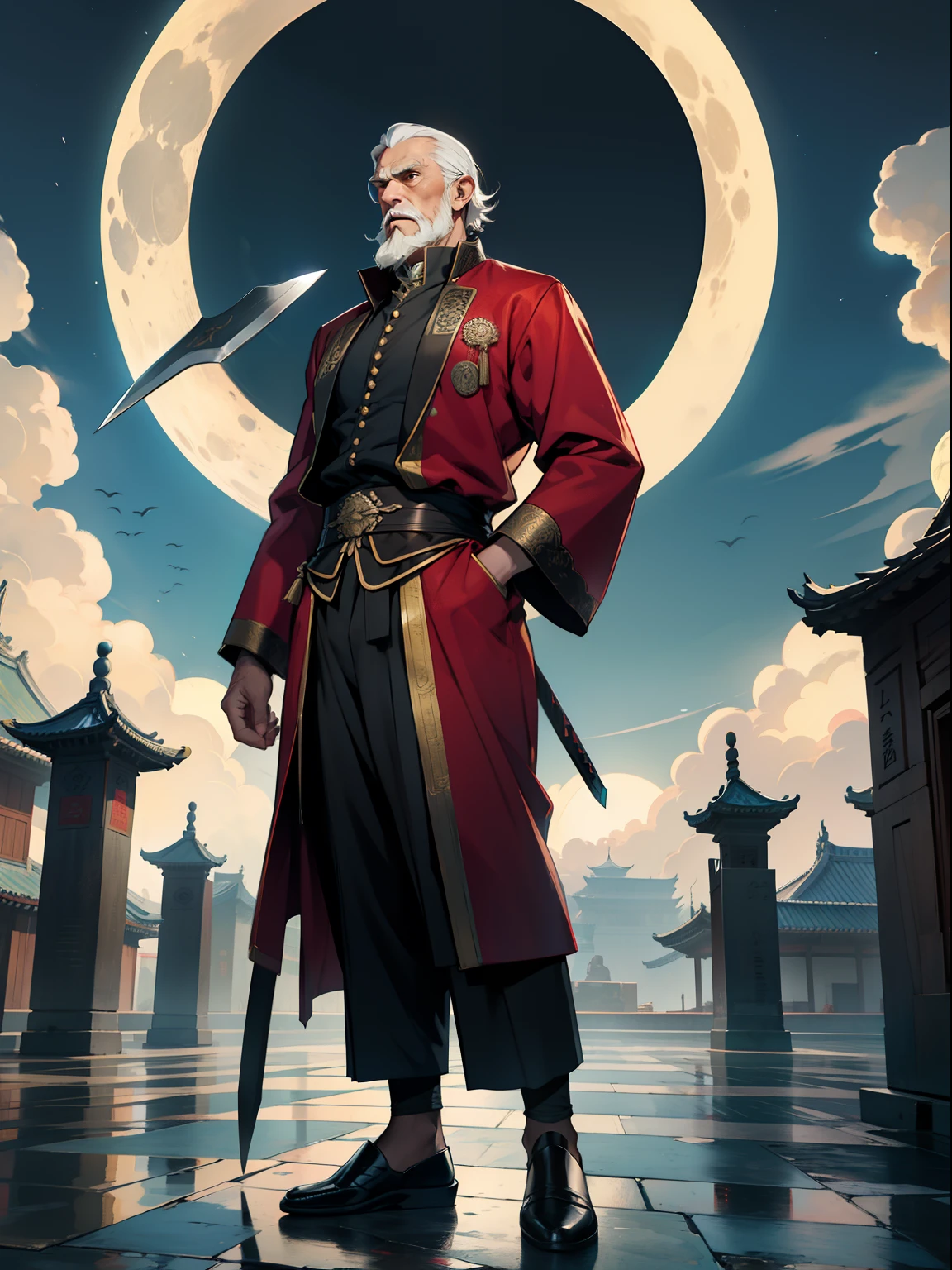 Old man，sbeard，Tang suit，Palace Museum，Long sword，standing on your feet，The eyes are sharp，Black Moon，Full moon