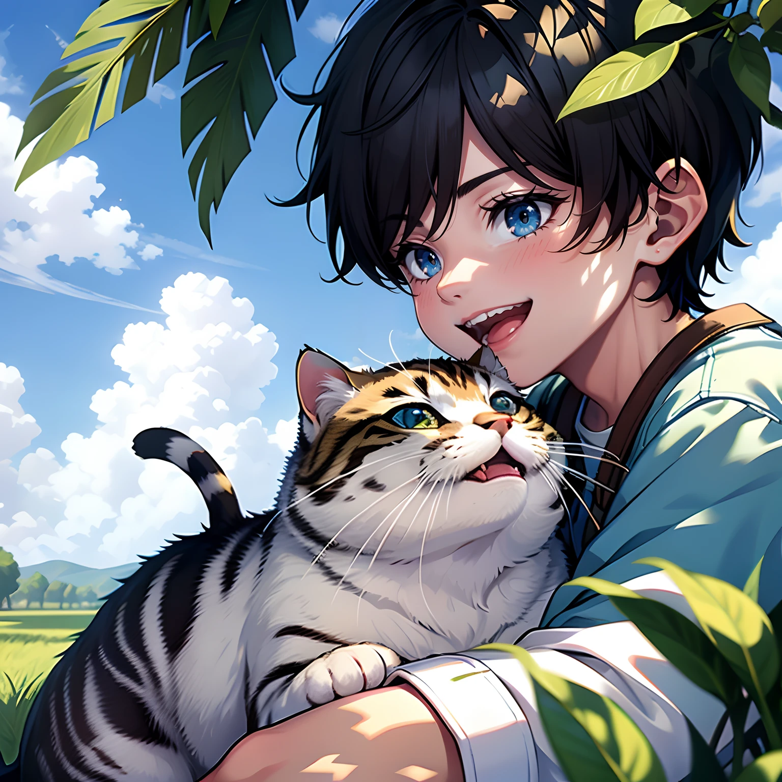 with blue sky and white clouds，Laughing boy holding a cat under a tree，Close-up