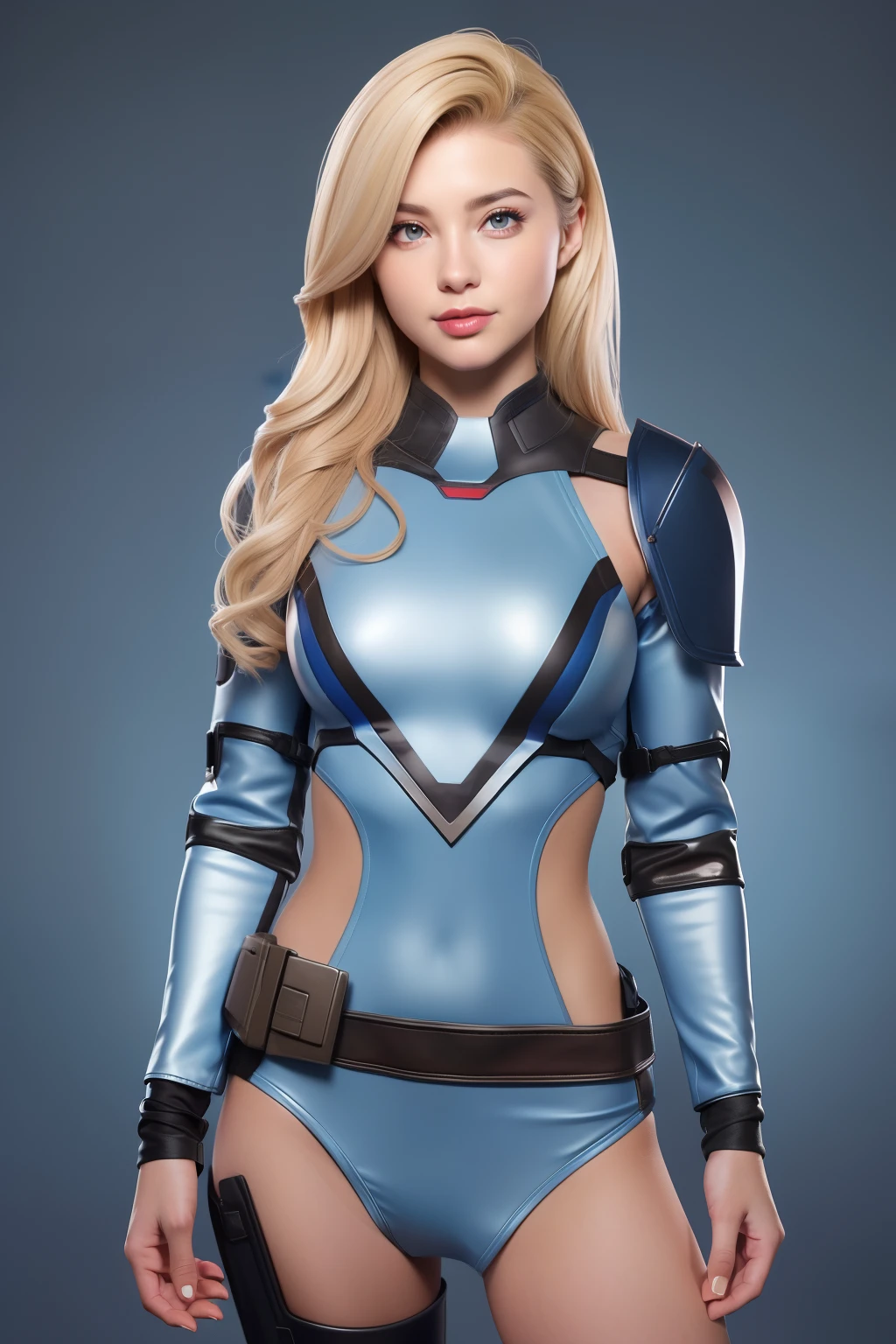 Beautiful Face Woman、a blond、Blue camouflage pattern background、 Beautuful Women、18year old、prety woman、hyper realistic photography、High-definition photos、red lipsticks、Mandalorian style miniskirt suit in metal armor、The skin is not very exposed、Do not cut your head off the screen、camo、Facing the front