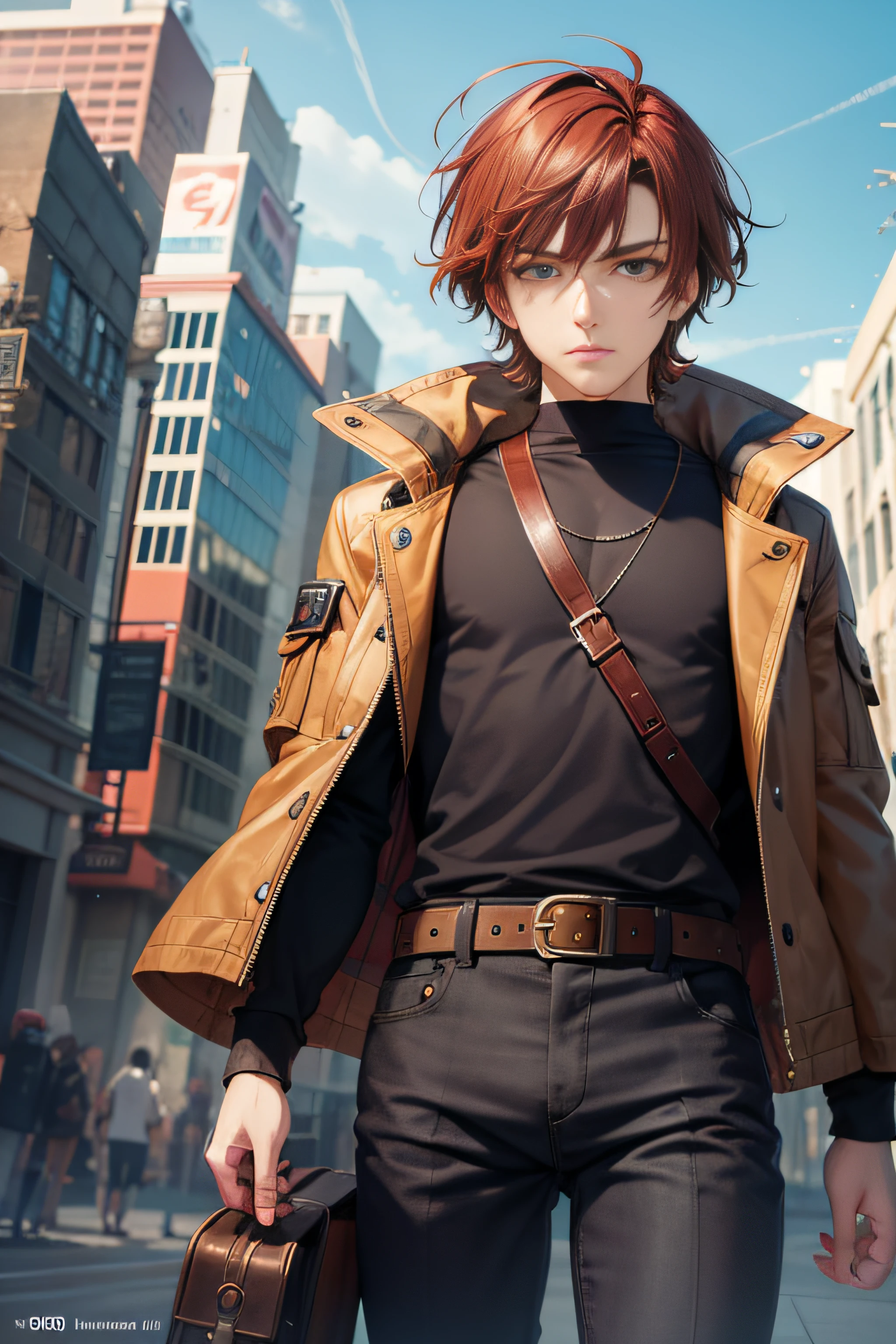 Boy, Time traveler style, anime, mysterious amber eyes, messy auburn hair, dressed in a time-traveling outfit with a futuristic device, sci-fi adventure anime style, journeying through different eras, masterpiece, trends, 8k