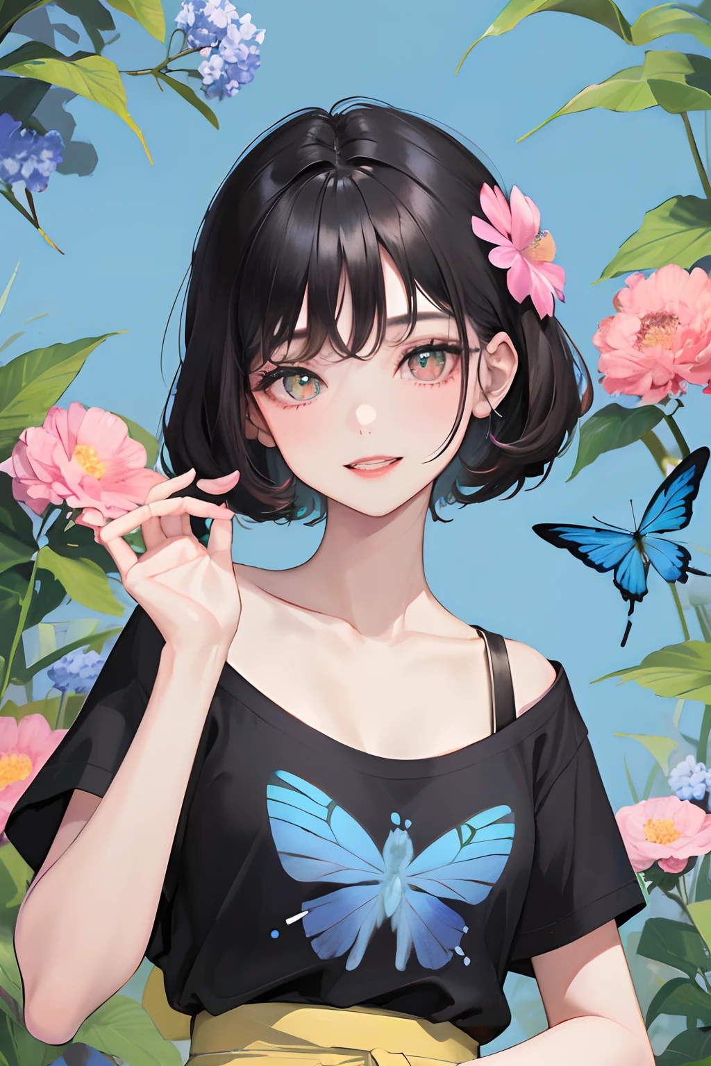 Masterpiece, Best quality,1 girl, with a round face, Toothy smile,with short black hair, Light pink lips, calm, Intellectual, tribelt, Black pupil color, flower ball background, Stroll through the sea of flowers,Surrounded by blue-green butterflies,Wear a T-shirt