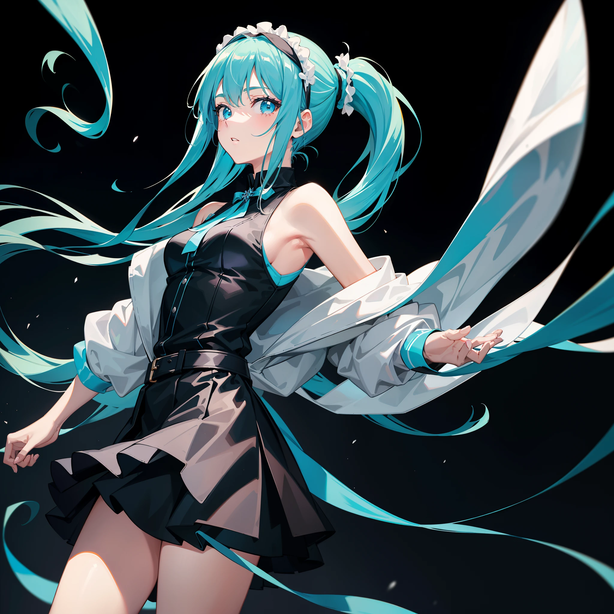 Masterpiece, Best quality, A high resolution, A girl wears a long ponytail,cyanhair,There are headbands,cyan eyes,Wearing a black vest,White coat,black short skirt