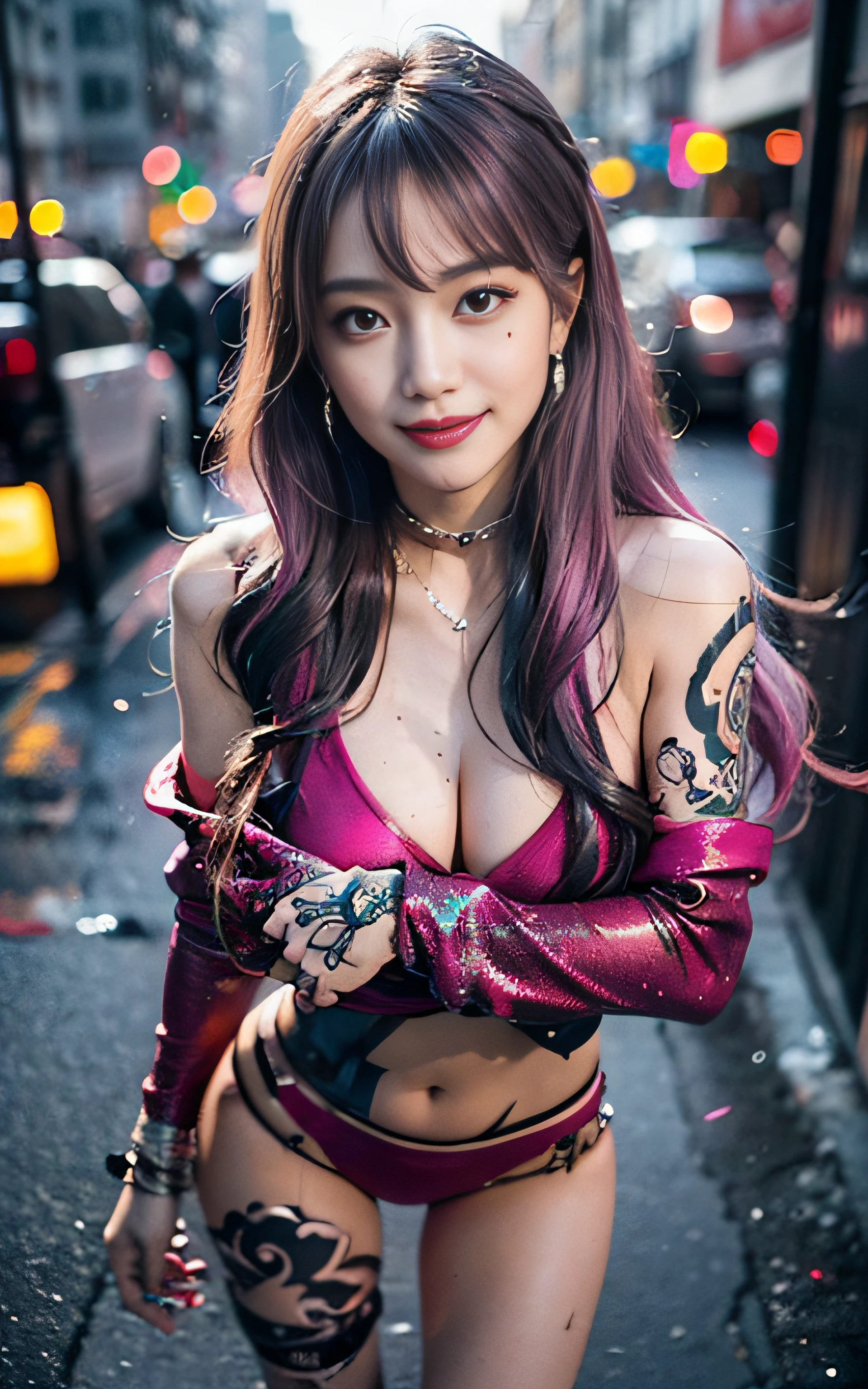 ((1girl in)),Girl in fancy streetwear, neotokyo, Centered| Convoluted| Highly detailed| Breathtaking beauty| precise lineart| Vibrant| comprehensive cinematic| Carne Griffiths| Conrad Roset, 8K, Cinematic lighting, rainy, Best Quality, hight resolution, blue open sky, (the most beautiful portrait in the world:1.5),The tattoo,((Random Poses)),((Fancy hair color)),((smirk grin)),(A sexy),((luslous skin)),Angle from above,Big piercings,full body Esbian,punk fashion