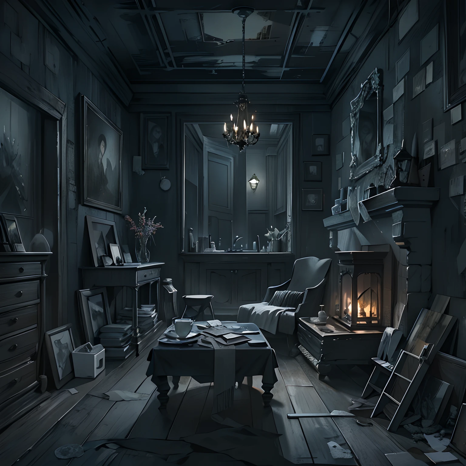 A dark interior of a house with no trace of light, filled with silence, giving a chilling sensation, ,in the style of the stars art group xing xing, 32k, best quality, masterpiece, super detail, high details