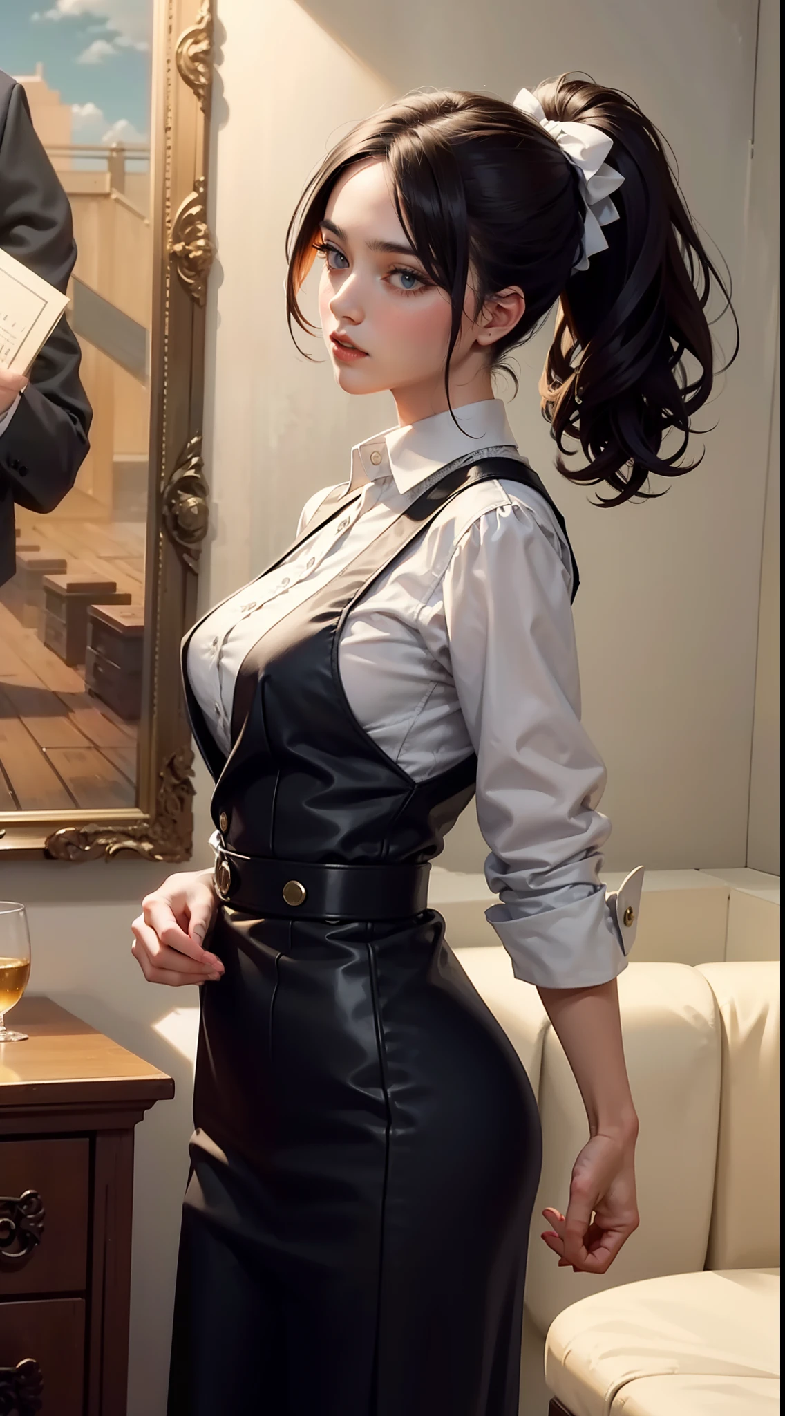 Beautiful woman in intricate Classic Vintage American Workwear Outfit