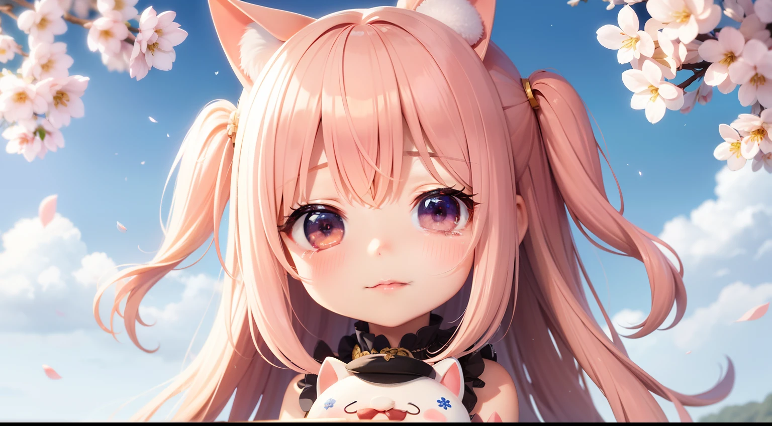 Doll standing in front of the painting、bionde、Crying face、Wiping tears、Close your right eye、Sengai、pixiv、rokoko、dollfie dream、watercolor Nendoroid、(High Definition Figure)、flowing sakura-colored silk、nendroid、highly_Detailed!!,Cherry blossom petals、Flowing cherry blossom silk、I'm crying with joy！、season!!: 🌸 ☀ 🍂 ❄