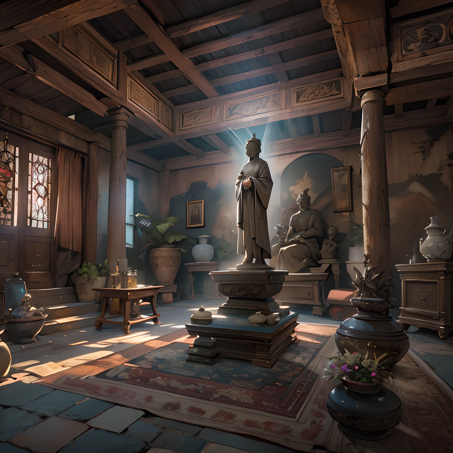 A scene inside an ancient house, filled with aged furnishings, and in the center of the house stands a stone statue emitting a mysterious aura, ,in the style of the stars art group xing xing, 32k, best quality, masterpiece, super detail, high details ,