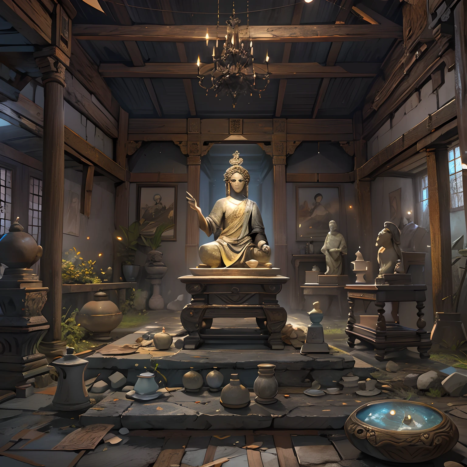 A scene inside an ancient house, filled with aged furnishings, and in the center of the house stands a stone statue emitting a mysterious aura, ,in the style of the stars art group xing xing, 32k, best quality, masterpiece, super detail, high details ,
