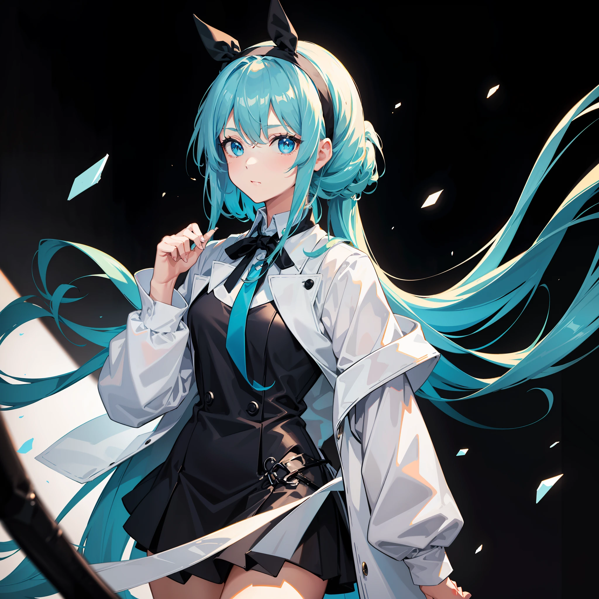 Masterpiece, Best quality, A high resolution, A girl wears a long ponytail,cyanhair,There are headbands,cyan eyes,Wearing a black vest,White coat,black short skirt