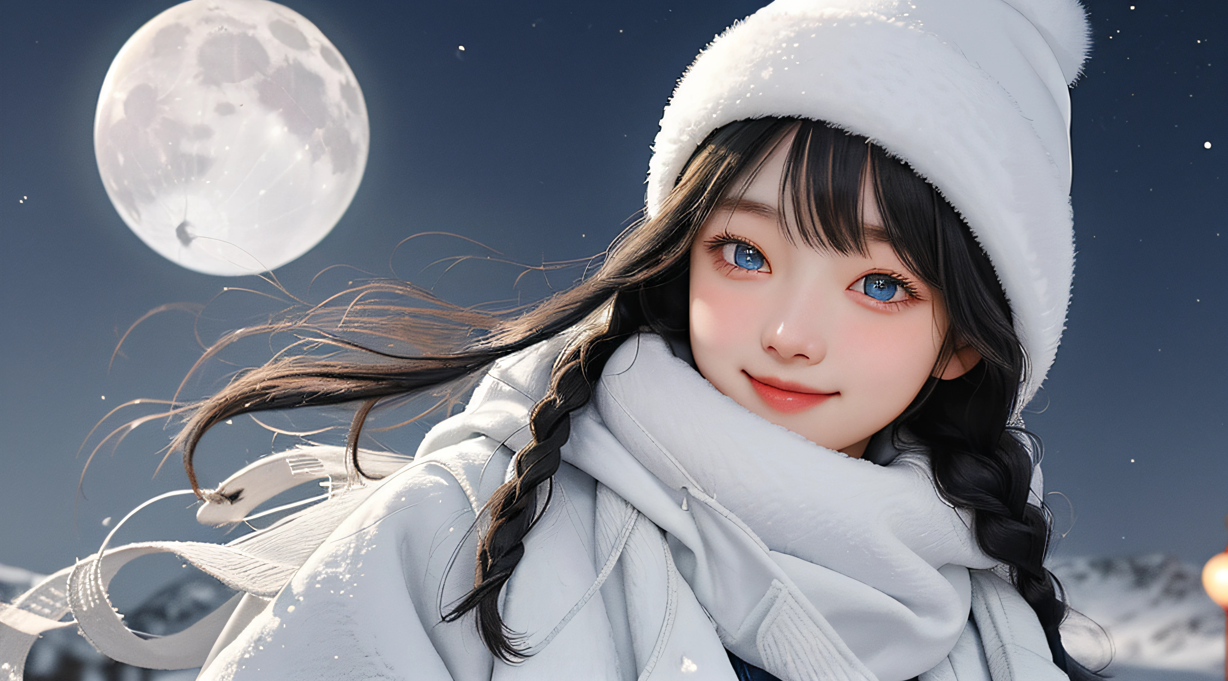 Cold night sky in winter,Dots and dots,The moon is shining,The cold wind blows the earth。The cold moonlight spilled on a silvery white snowfield,It adds a touch of mystery to the whole scene。On this beautiful winter night,There is a cute and sweet girl who is eighteen-year-old,She still has long black hair,Qi bangs and double braids make her look more playful and cute。The girl wears a light blue coat and a white fur hat,Show her pure and cold side。
On the edge of a silver-white snowfield,She stood quietly,Snowflakes fluttered around her。Her thick eyebrows and big eyes revealed a hint of shyness,His cheeks were slightly red from the cold wind。The girl smiled and looked at the audience,Her smile is gentle and sweet,Like a warm glow in the winter night。She put her hands in her coat pockets,Show her confidence and beauty。
Her smile revealed a glow of happiness,Like a bright winter star。Flawless teeth shine in a smile,Exudes a white glow。On this beautiful winter night,She became the brightest presence in the entire scene。The purity and coldness that radiate from her body make people fall for it,It's like seeing the mysterious beauty of winter。