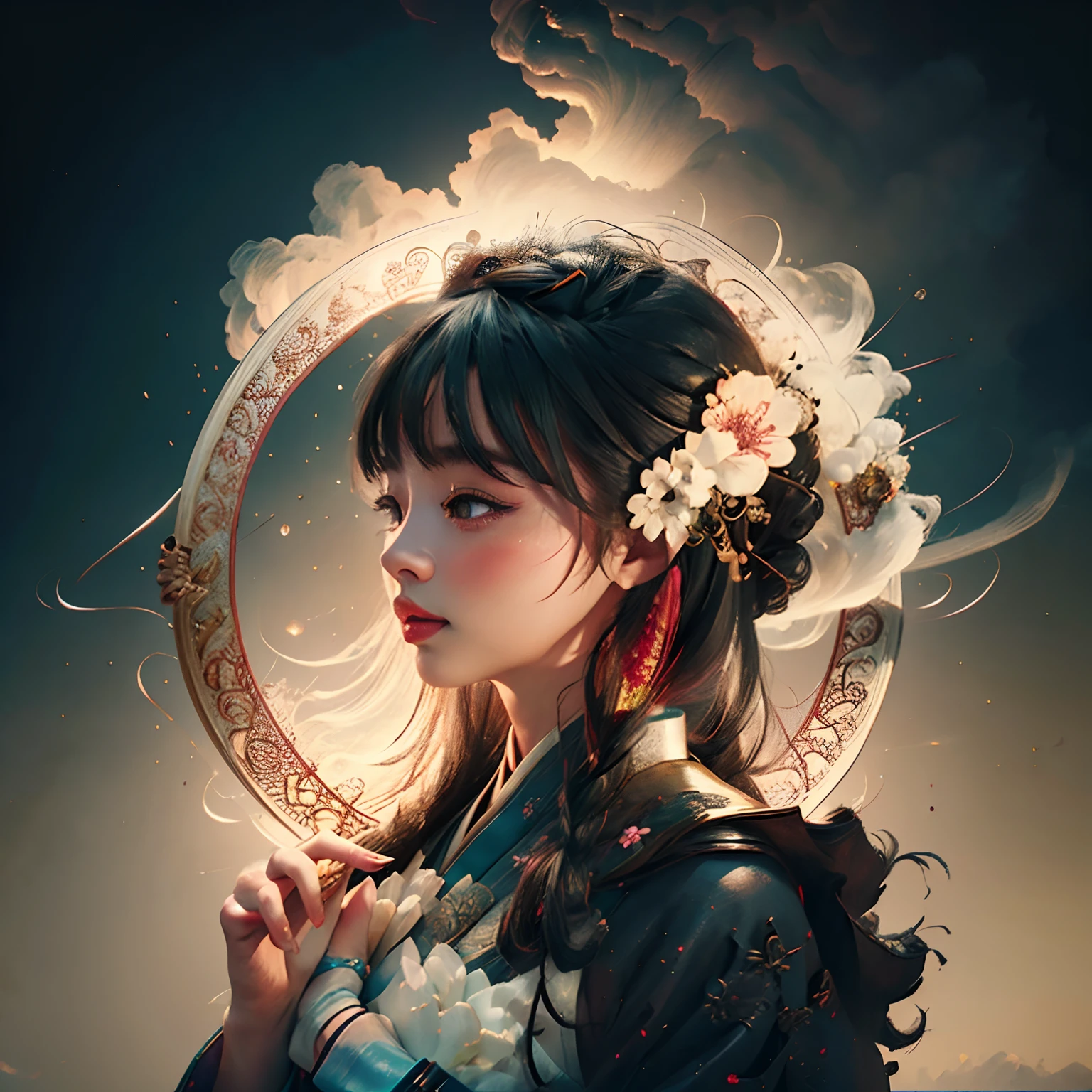 zhongfenghua, 1girl, (full body) solo, hanfu, flower field, blossom, (white smokes:1.3) (photorealistic:1.4), zentangle, mandala, entangle, official art, unity 8k wallpaper, ultra detailed, beautiful and aesthetic, masterpiece,best quality, (dynamic angle:1.4), glowing skin, (floating colorful sparkles:1) the most beautiful form of chaos, elegant, a brutalist designed, vivid colours, romanticism depth of field,