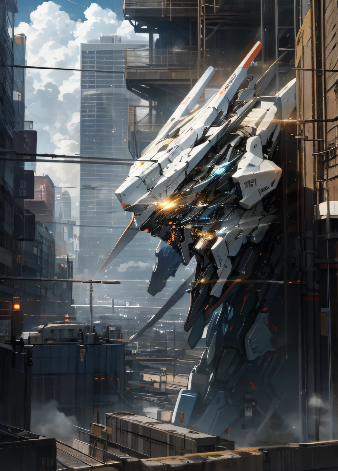 sky, cloud, holding_weapon, no_humans, glowing, , robot, building, glowing_eyes, mecha, science_fiction, city, realistic,mecha