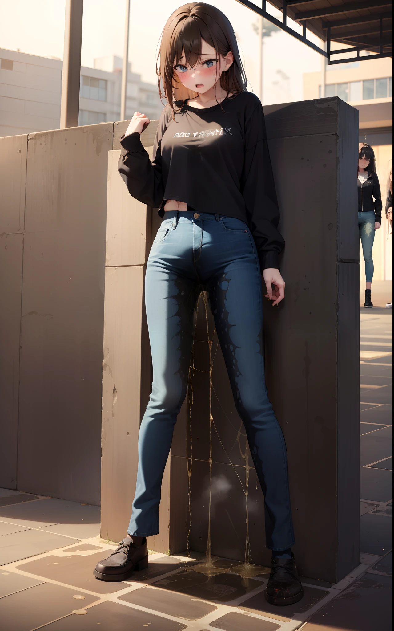 nsfw, masterpiece, best quality, high resolution, (3girls), 20 years old, (blue jeans pants), full body, blush, worried, city park, ((((((pee stain ))))))