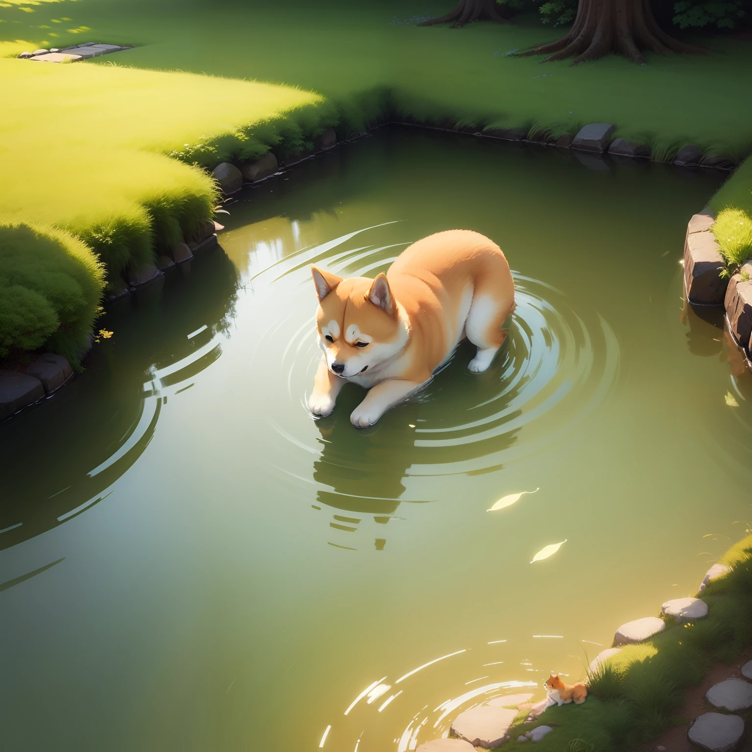 ((serene ambiance:1.2),Shiba Inu puppy,a beautiful painting,Tranquil landscape,brightened light,Excellent delicacy:1.1)