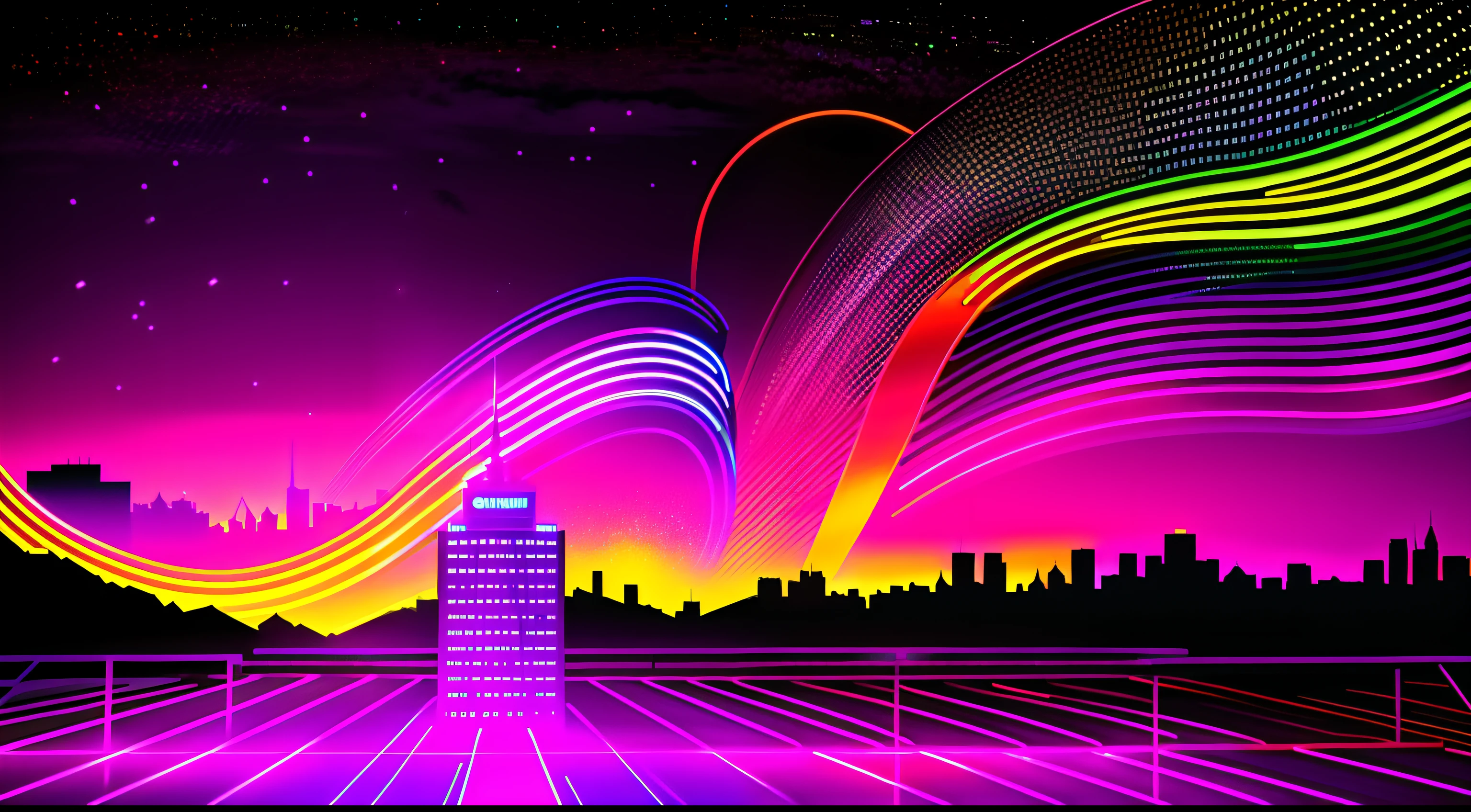 Colorful city skyline,The sky is shimmering with a swirl of rainbows, neon cityscape background, Neon city in the background, Colorful city, Neon City, neon megacity in the background, city sunset mist neon lights, Bright neon city lights, city neon light, neon landscape, Surreal cityscape background, kilian eng vibrant colours, vibrant city lights, 4 k hd wallpaper illustration