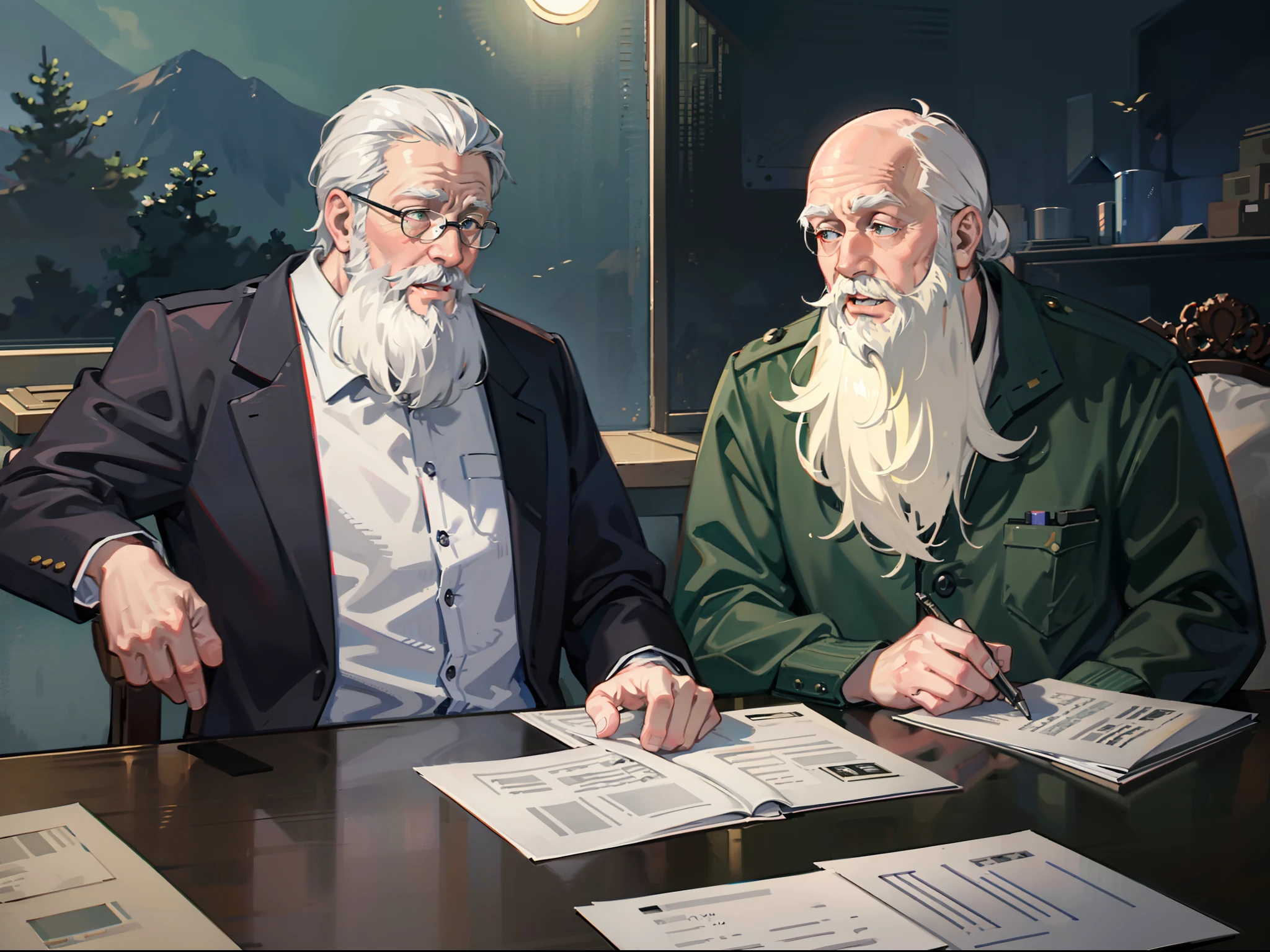 military base,A couple of white-bearded old men,miltary,Sit together,A piece of paper on the table,What is being discussed,Intense atmosphere,Tension,Makoto Shinkai's style,