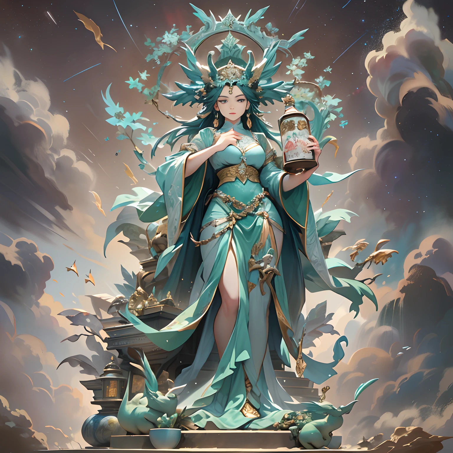 A towering flying goddess statue, holding a jade bottle in her hand, surrounded by thick dust except for the meticulously cleaned statue, ,in the style of the stars art group xing xing, 32k, best quality, masterpiece, super detail, high details
