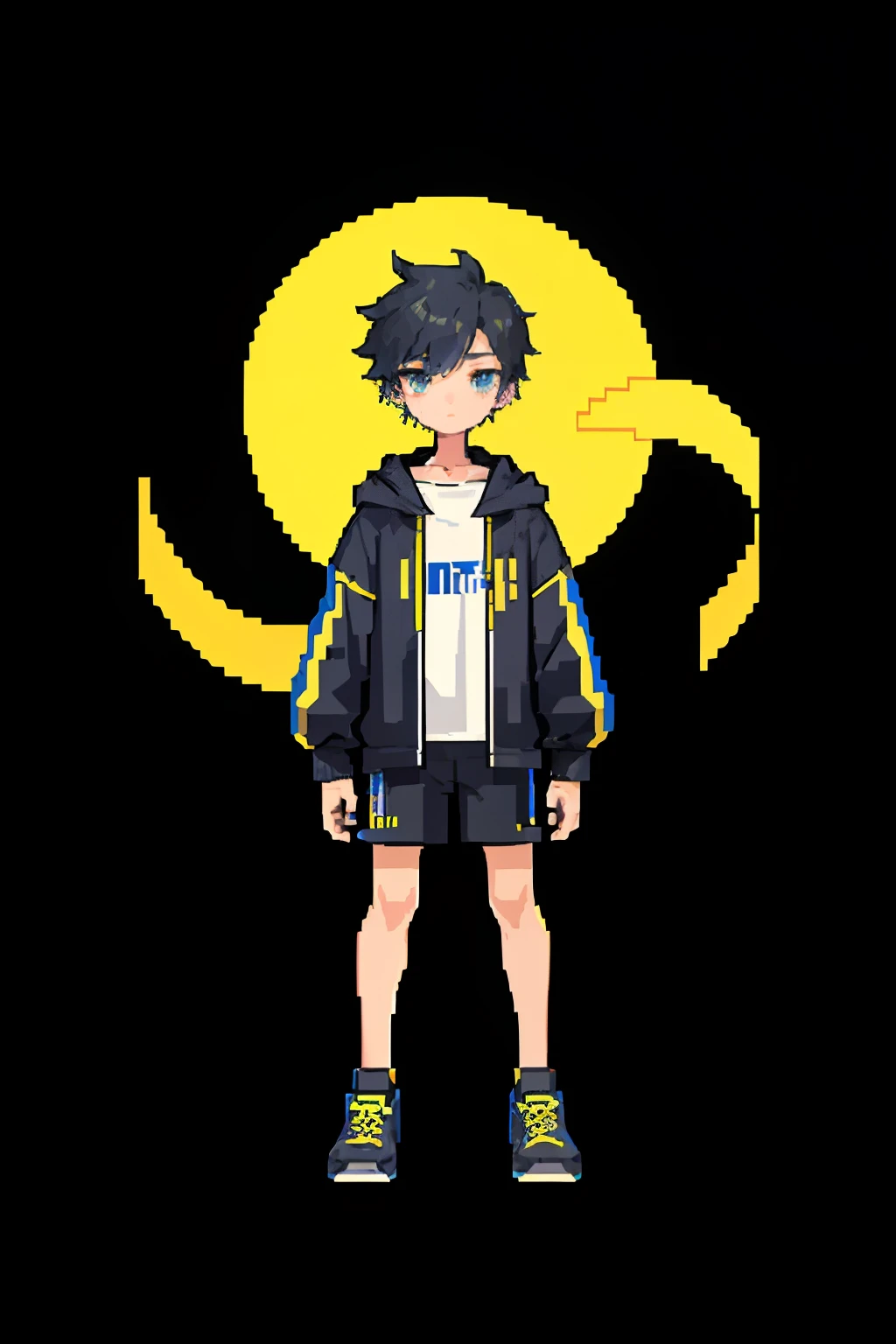 (Masterpiece, Top Quality, Best Quality), Pixel, Pixel Art, 1boy, 1/2 Body, Avatar, Black Inch, black and yellow Hooded Sweatshirt, Wheat Complexion, Loose Shorter Shorts, Light red Solid Background