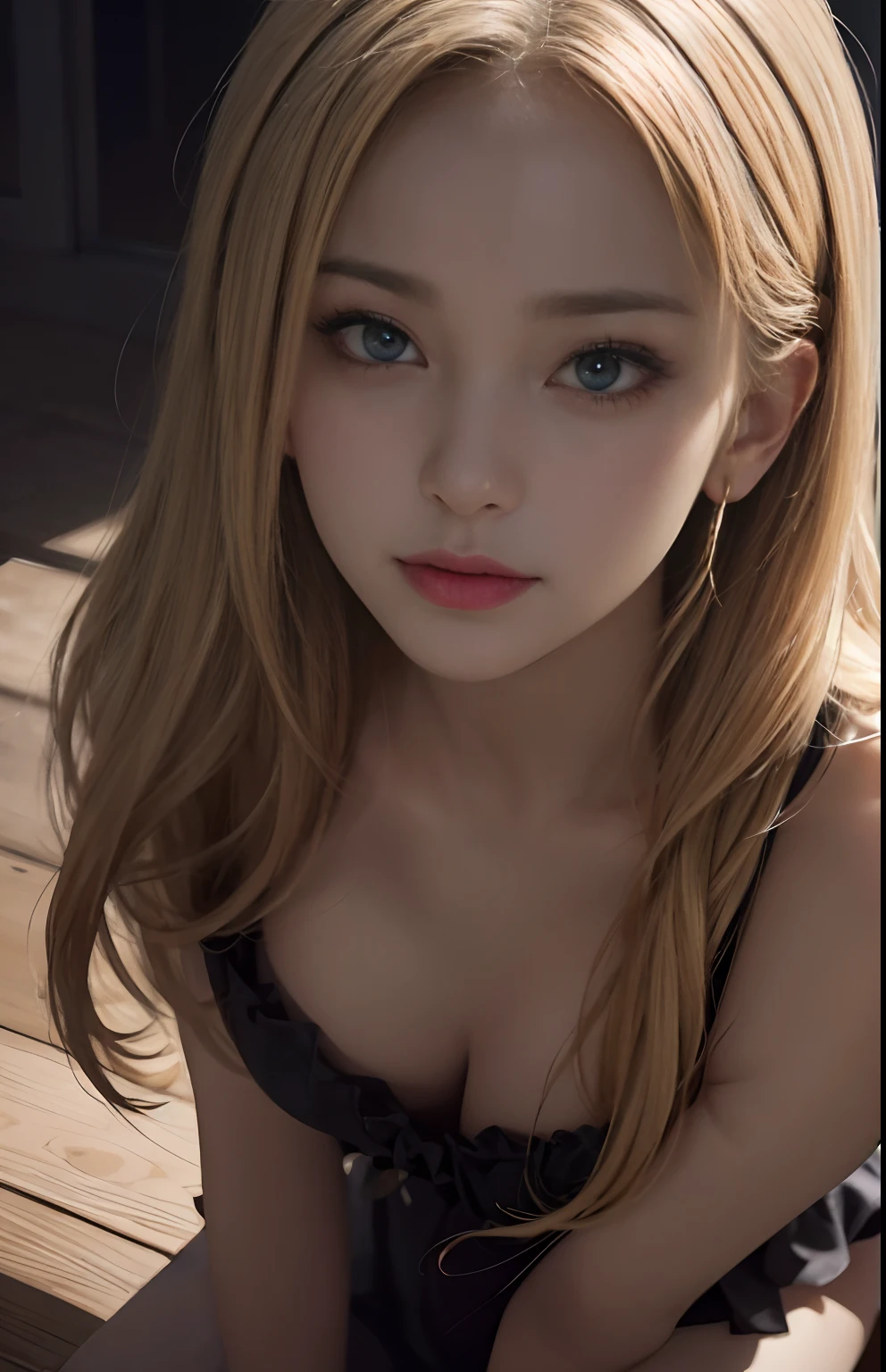 (Ultra Realistic), (Illustration), (High Resolution), (8K), (Very Detailed), (Best Illustration), (Beautiful and Detailed Eyes), (Best Quality), (Ultra Detailed), (Masterpiece), (Wallpaper), (Detailed Face), Solo, One Girl, Viewer, Fine Detail, Detailed Face, In the Dark, Deep Shadows, Low Key, pureerosfaceace_v1, Smile, Long Hair, 46-point oblique bangs, full body, showing legs, blonde god