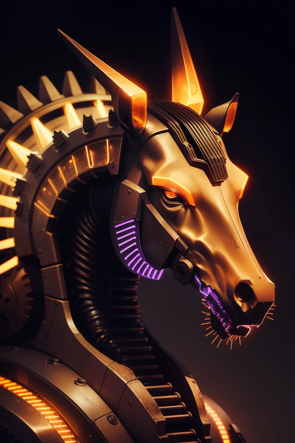 Close-up of a horse's head, a shiny iron skull of a horse, a body of hydraulics and gears, diodes and luminous lines along the body, rusty metal in places, microcircuits, a motor, antennas and stripes, eyes glow orange, steampunk body, android horse, purple haze background