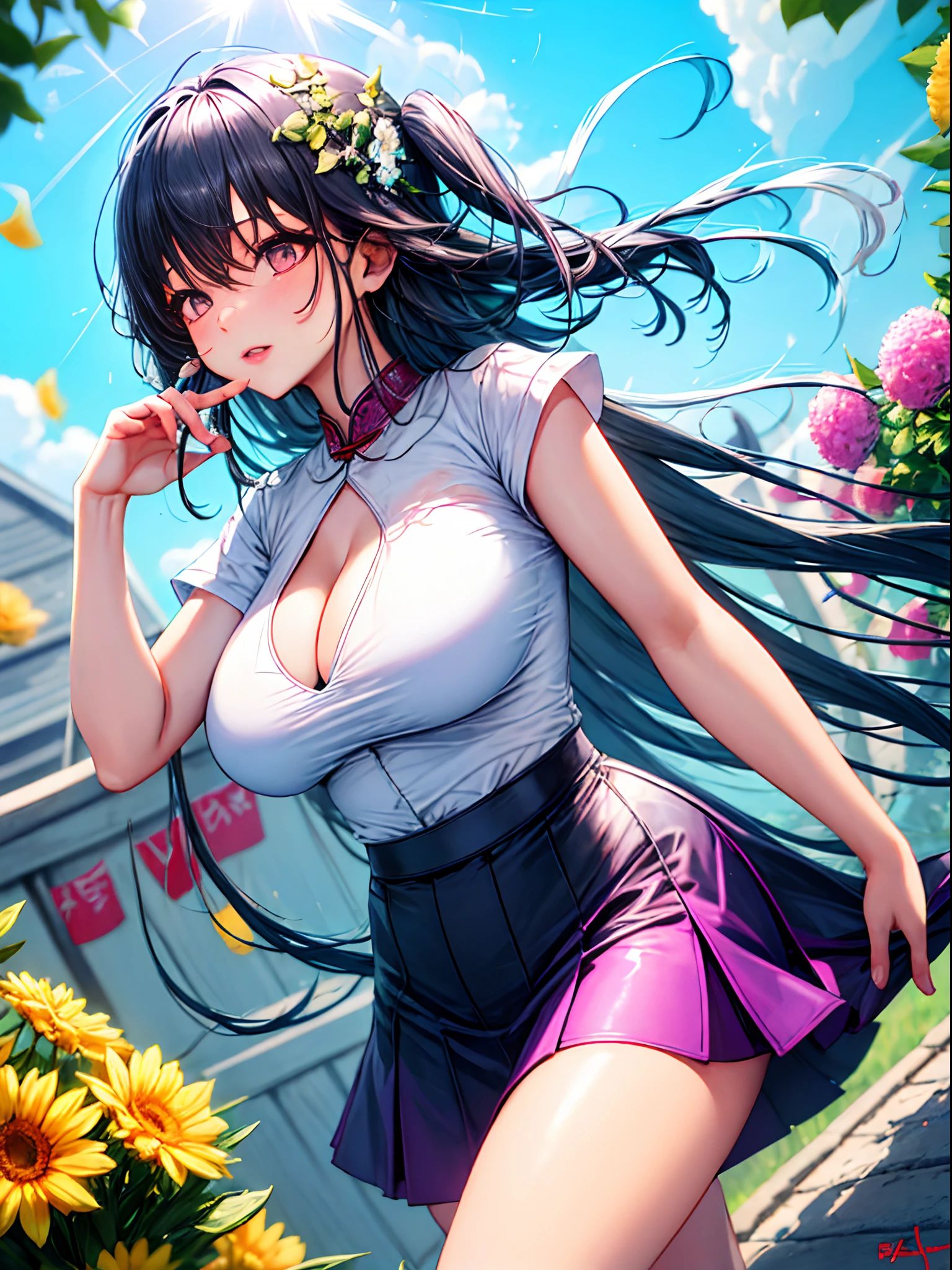 realisticlying，1girl，black color hair，Purple eye，glowing light eyes，Cut the top，a skirt，parted lip，Be red in the face，the night，fresh flowers，suns，rays of sunshine，Oversized J-cup cup big breasts，Wearing a cheongsam，