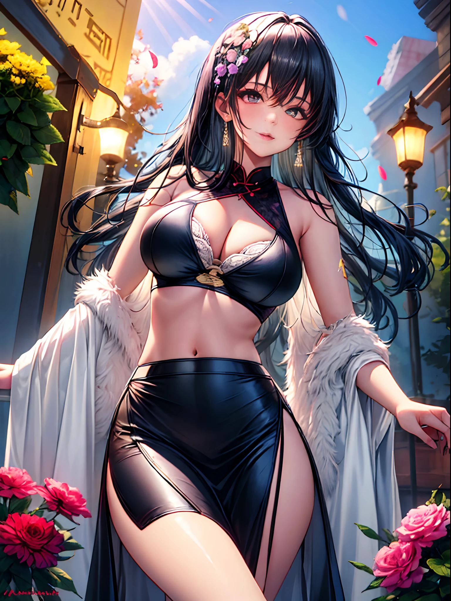 realisticlying，1girl，black color hair，Purple eye，glowing light eyes，Cut the top，a skirt，parted lip，Be red in the face，the night，fresh flowers，suns，rays of sunshine，Oversized J-cup cup big breasts，Wearing a cheongsam，