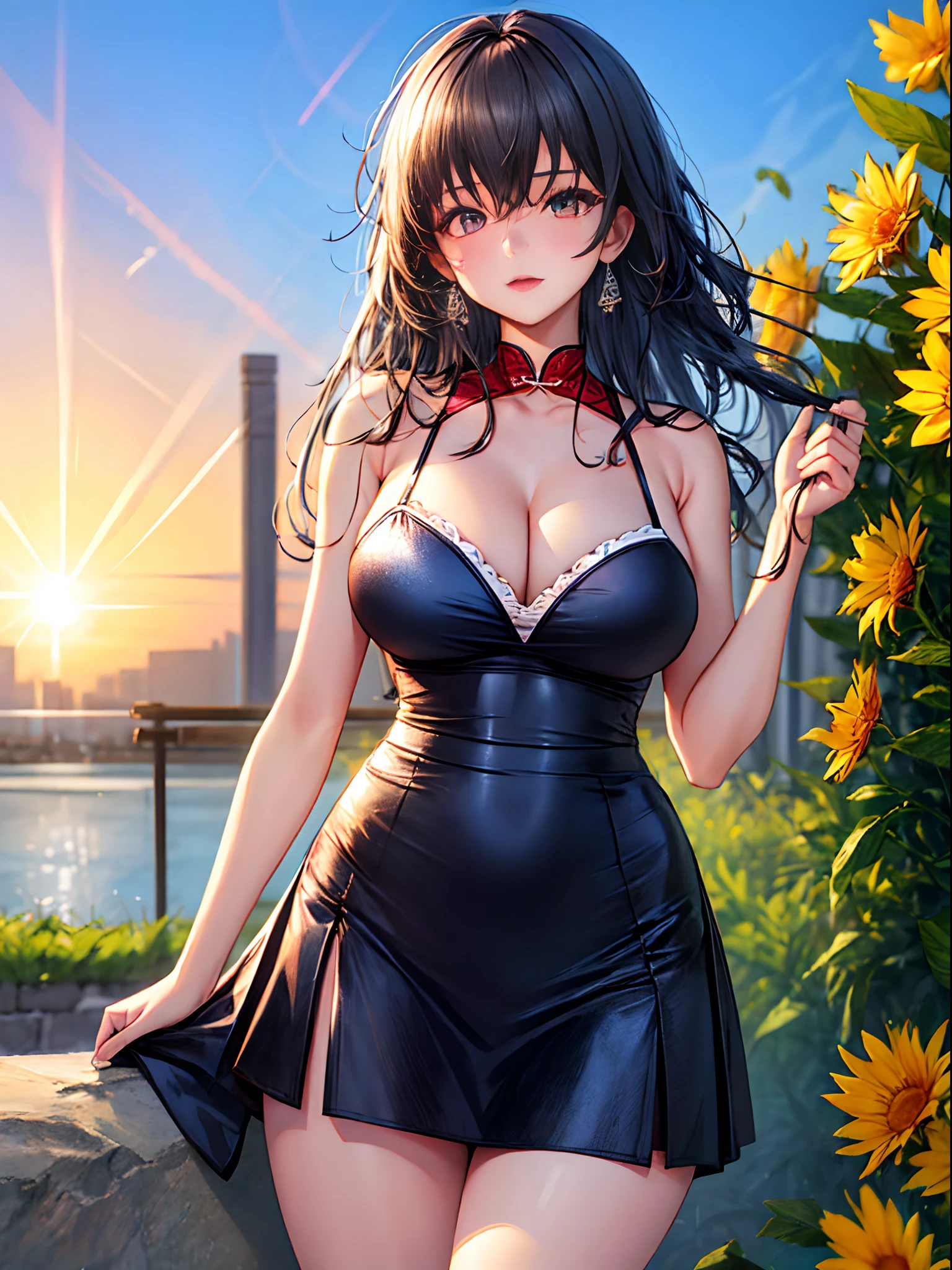 realisticlying,1girl,black color hair,Purple eye,glowing light eyes,Cut the top,a skirt,parted lip,Be red in the face,the night,fresh flowers,suns,rays of sunshine,Oversized J-cup cup big breasts,Wearing a cheongsam,